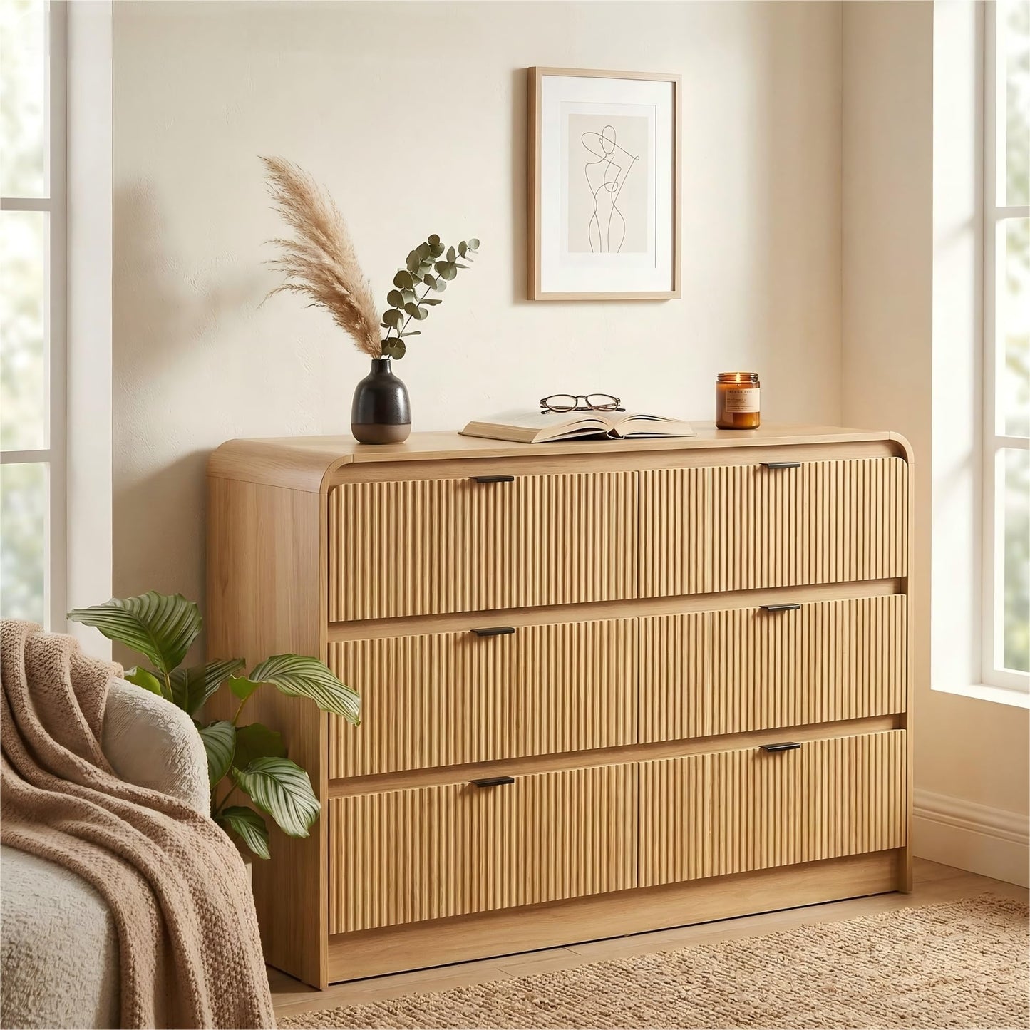 FURSUN Fluted 6 Drawers Dresser for Bedroom, 54" Wide Wooden Dresser with Metal Handle, Curved Profile Design, Modern Storage Organizer for Bedroom, Living Room, Hallway, Natural Oak