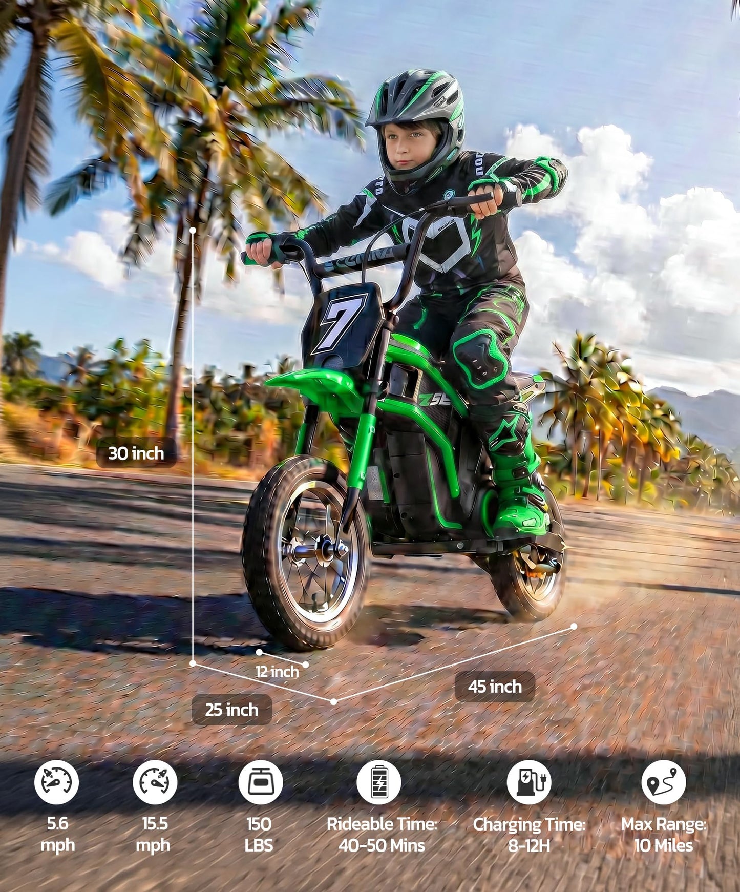 ELEMARA Electric Dirt Bike,350W Motorcycle 24V Ride on Toy for Big Kids w/LED Power Display,15.5 mph & 150lb Max,3 Speeds,Chain-Driven Motor,Twist-Grip Throttle&Brake Lever,12" Air-Filled Tires-Green