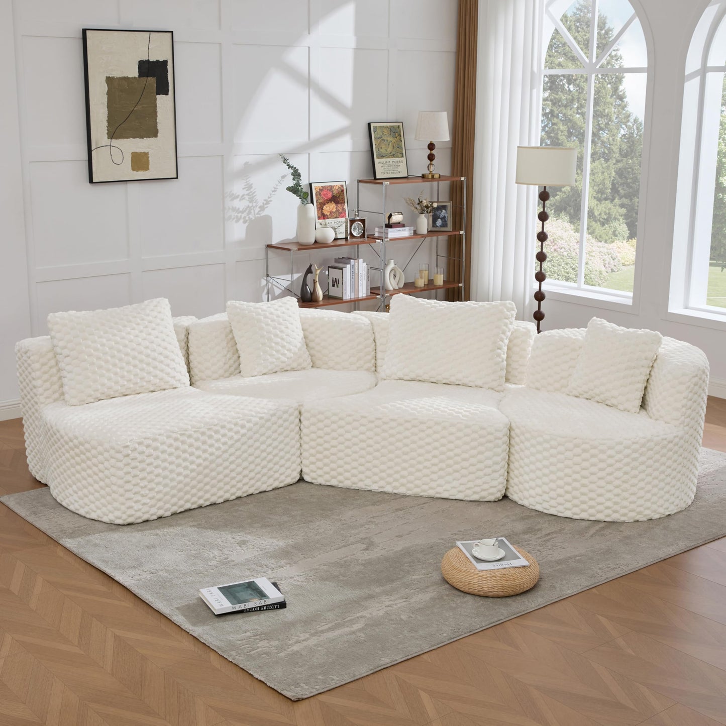 Merax 138" Curved Modular Sectional Sofa Set, Compressed 4 Seat Bubble-Velvet Boneless Sectional Couch Sofa with Deep Seat & Pillow, Comfy Cloud Soft Couches for Living Room, Easy Assembly, White
