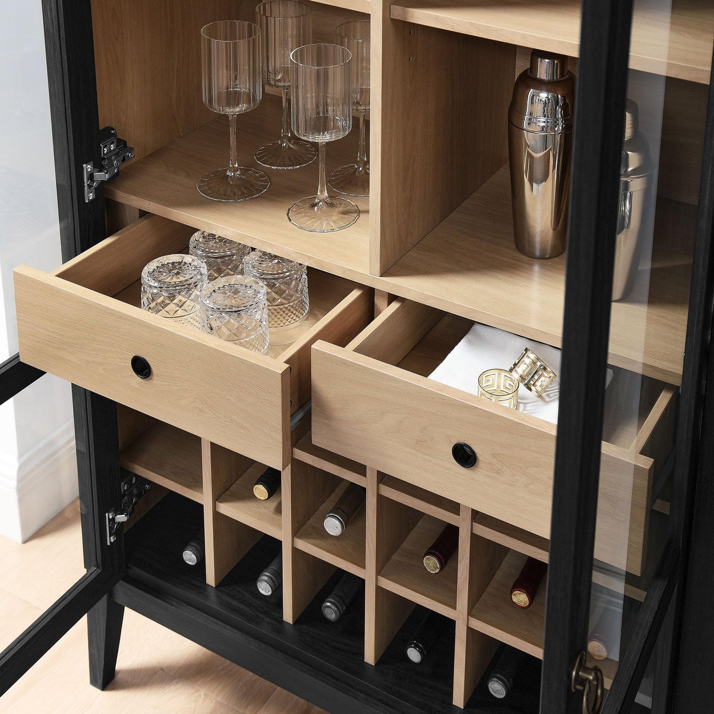 Modway Nolan Modern Farmhouse Arched Bar Cabinet in Black Wood Grain - 72 Inch Tall Wine Storage Cabinet with Glass Doors and Wine Rack - Large Liquor Cabinet for Dining or Living Room