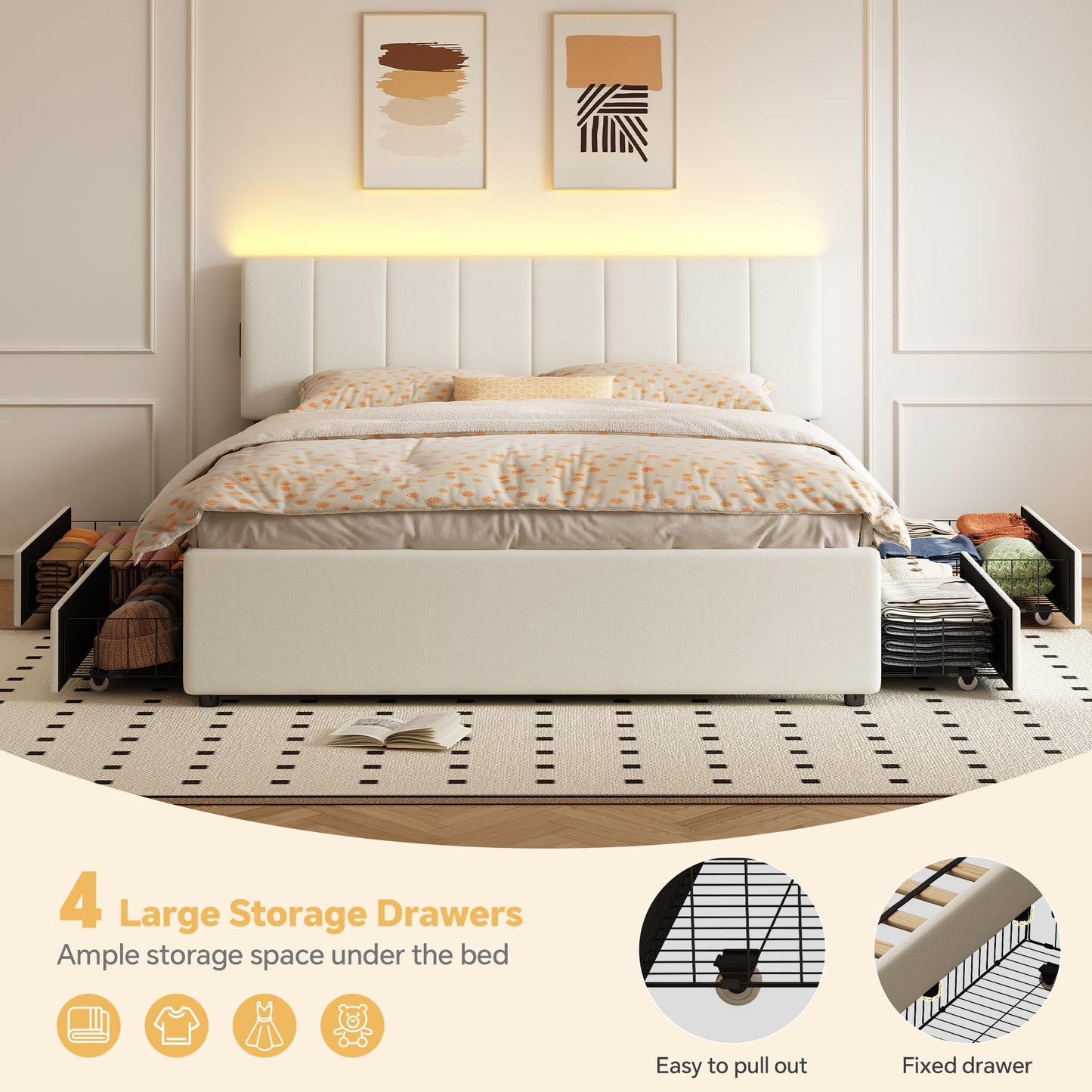 FAVSH King Size Upholstered Platform Bed with 4 Storage Drawers