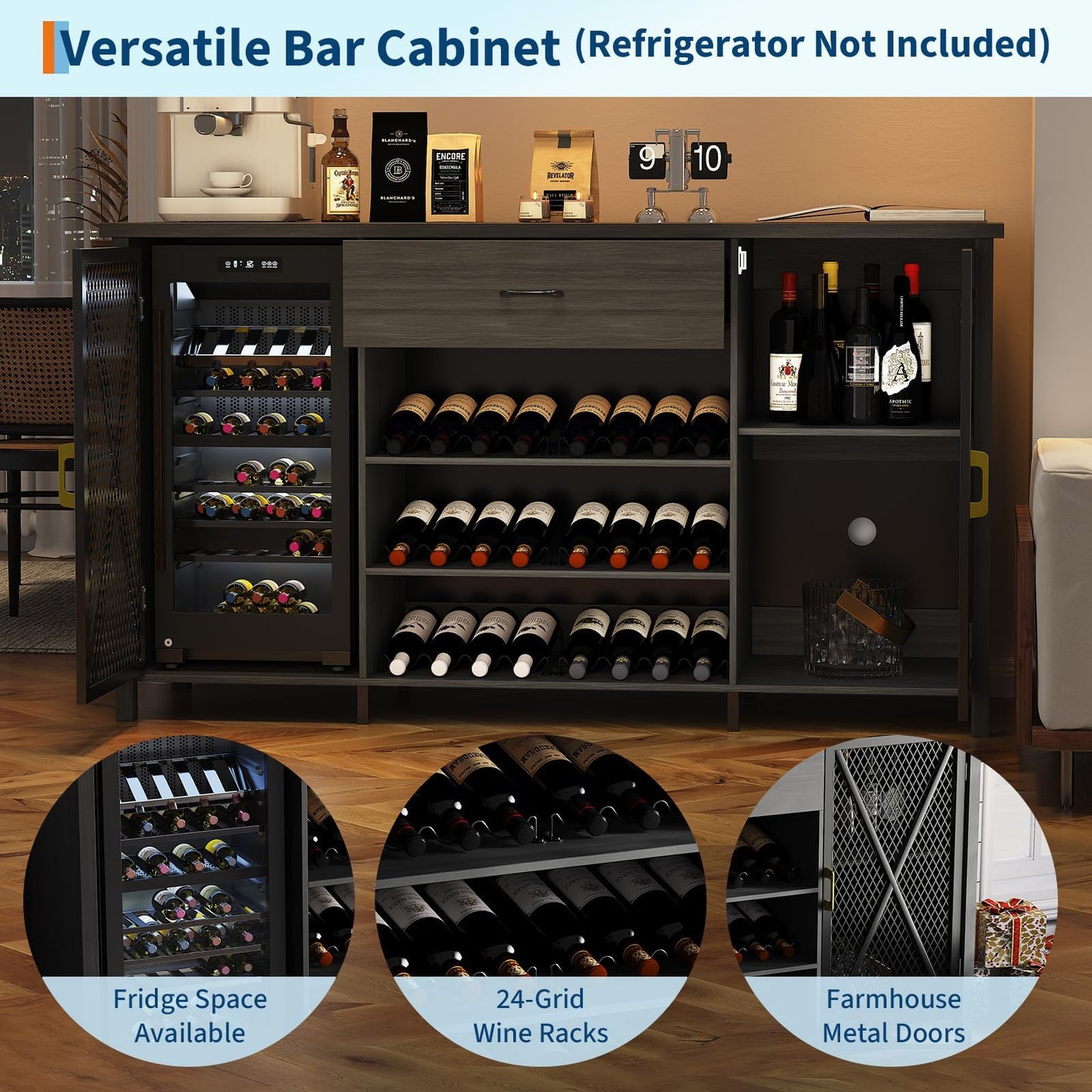 71'' Coffee Bar Cabinet Liquor Wine Bar Sideboard Buffet with Fridge Space