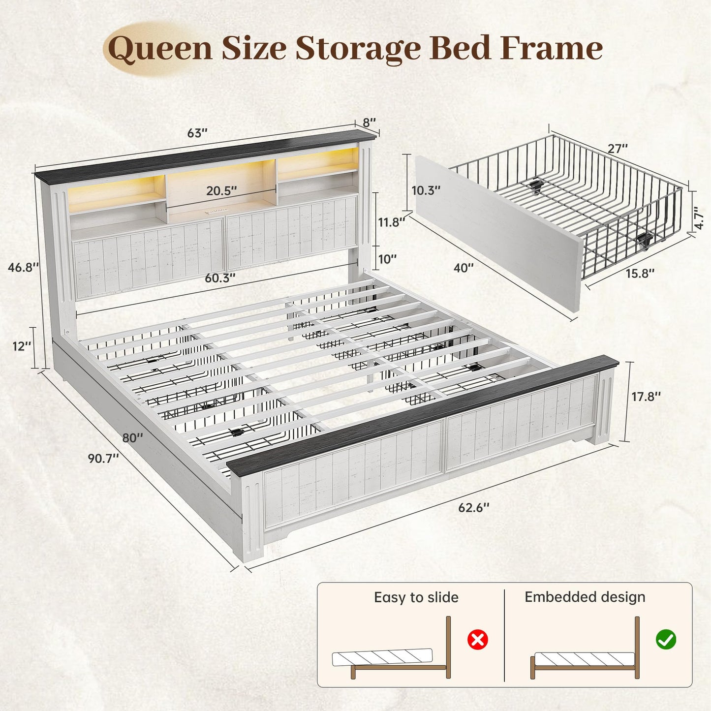EnHomee Queen Bed Frame with Headboard, and 4 Storage Drawers, LED Lights & Charging Ports,No Box Spring Needed for Apartment,Noise-Free,Wooden, White