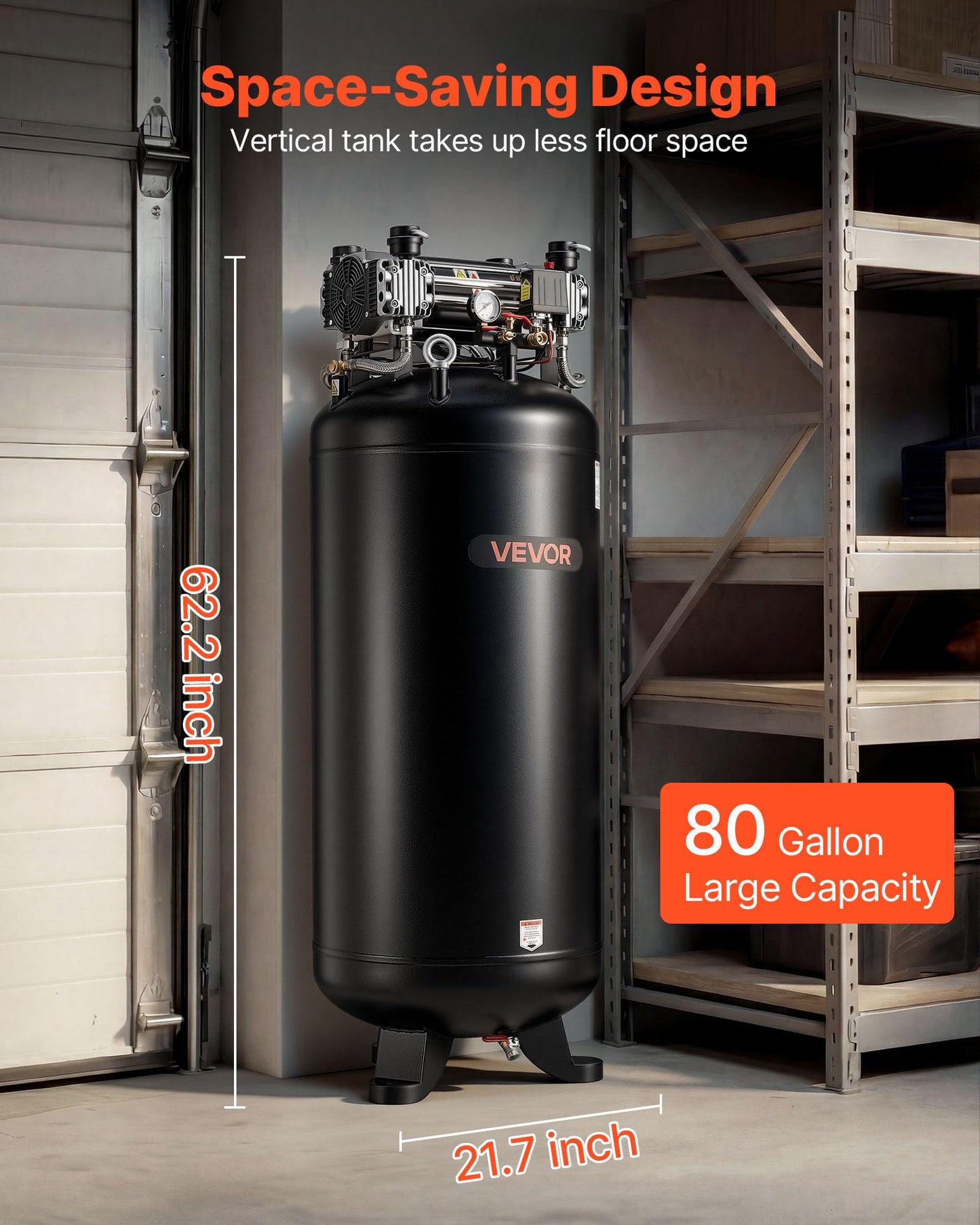 VEVOR 80 Gallons Heavy-Duty Air Compressor, 5HP 13.5SCFM at 90PSI Air Compressors Max 145PSI Pressure, Oil-Free Compressor Tank for Industrial Manufacturing, Large Workshops (230V 3-Phase, No Plug)