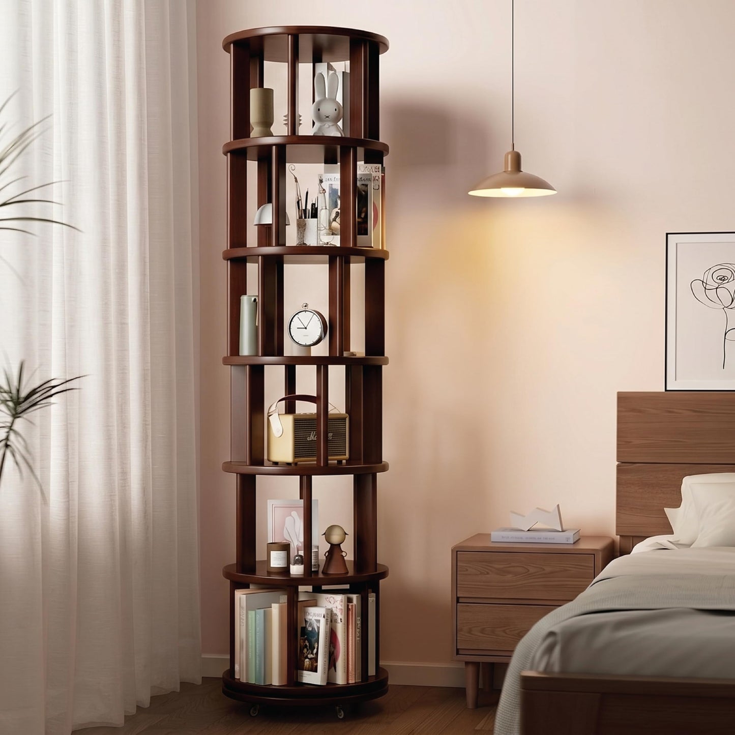 Rotating Bookshelf Tower on Wheels, Solid Rubber Wood Spinning, Round Bookcase with Lockable Casters, 360° Rolling, Book Shelf for Small Spaces, Corner, Home Office & Bedroom (6 Tier - Walnut)
