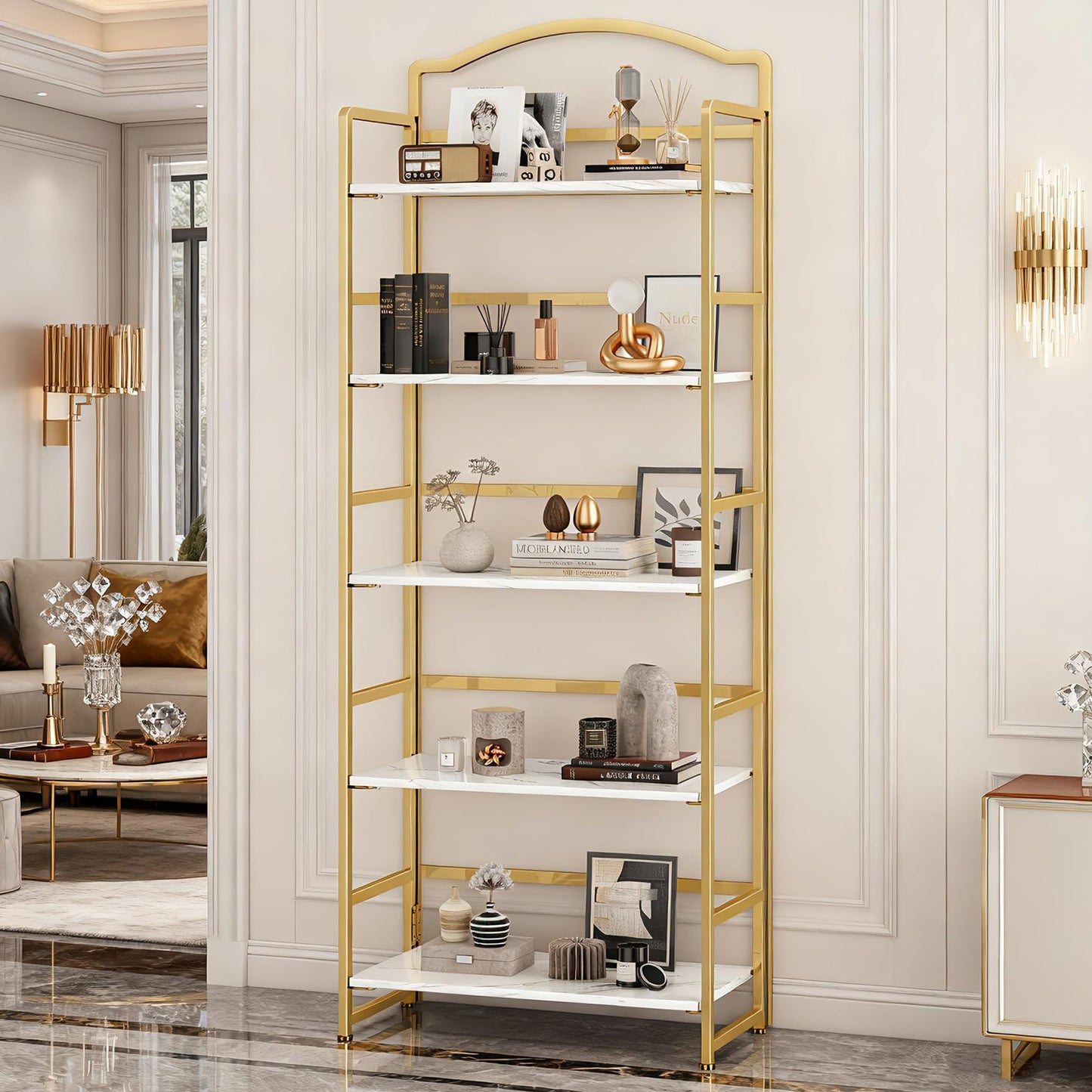 JSB 5 Tier No Assembly Folding Bookshelf, Arched Bookshelf, Foldable Bookcase for Living Room, Bedroom, Office,Skinny Bookshelf (White and Gold)
