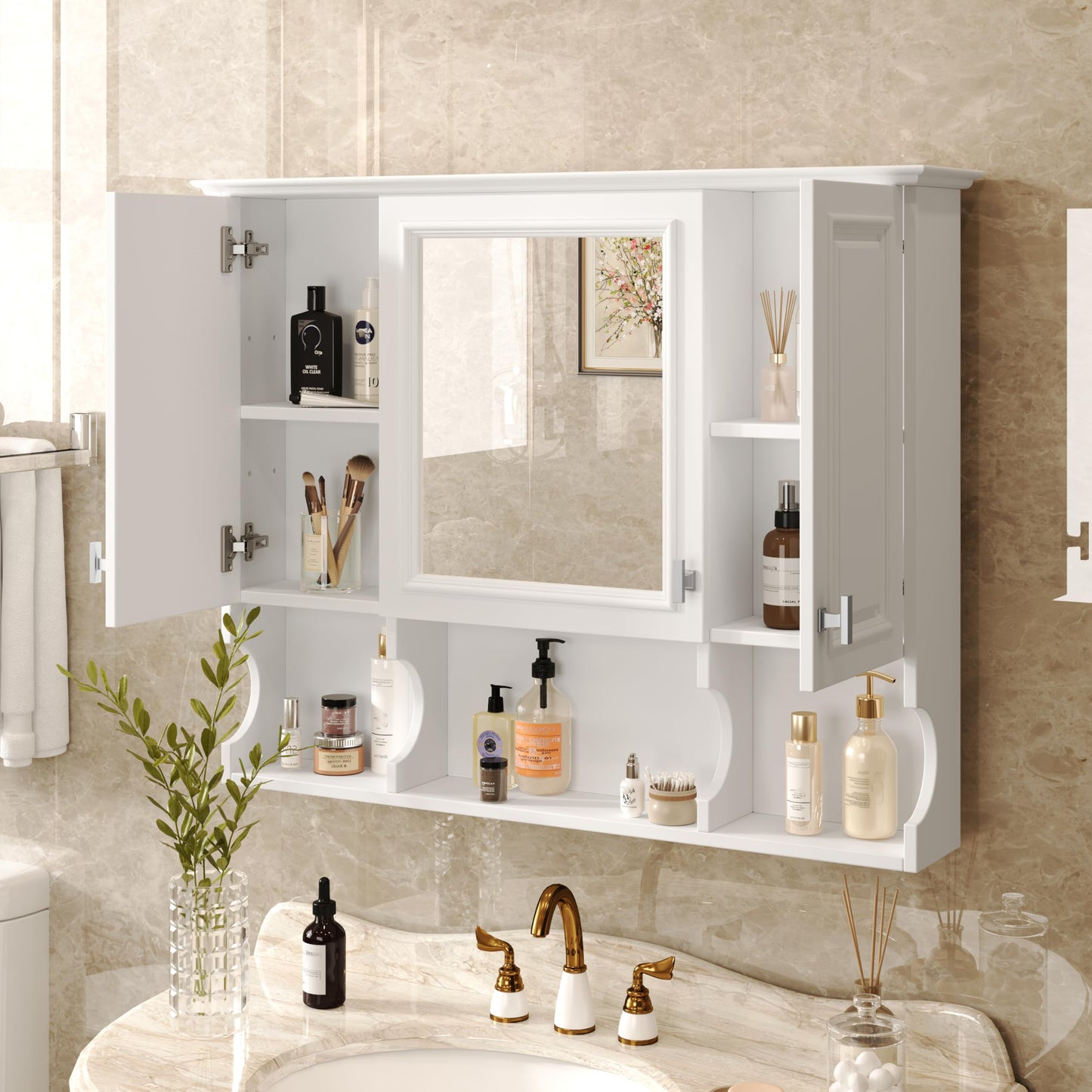 Merax Bathroom Wall Cabinet with Mirror, Wall Mounted Medicine Cabinet with Adjustable Shelves and Open Spaces, 35" x 28" Mirrored Door Over The Toilet Bathroom Storage Cabinet