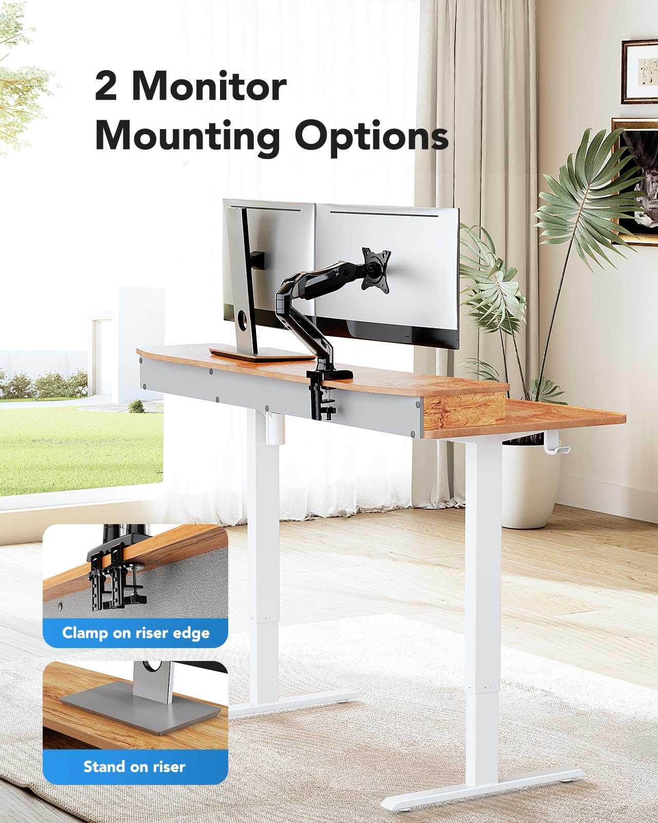 HUANUO 48″ x 24″ Electric Standing Desk with 2 Drawers, C-Clamp Mount Compatible, Height Adjustable Computer Desk, Home Office Stand Up Desk with 4 Preset Heights & 2 Hooks, Light Vintage