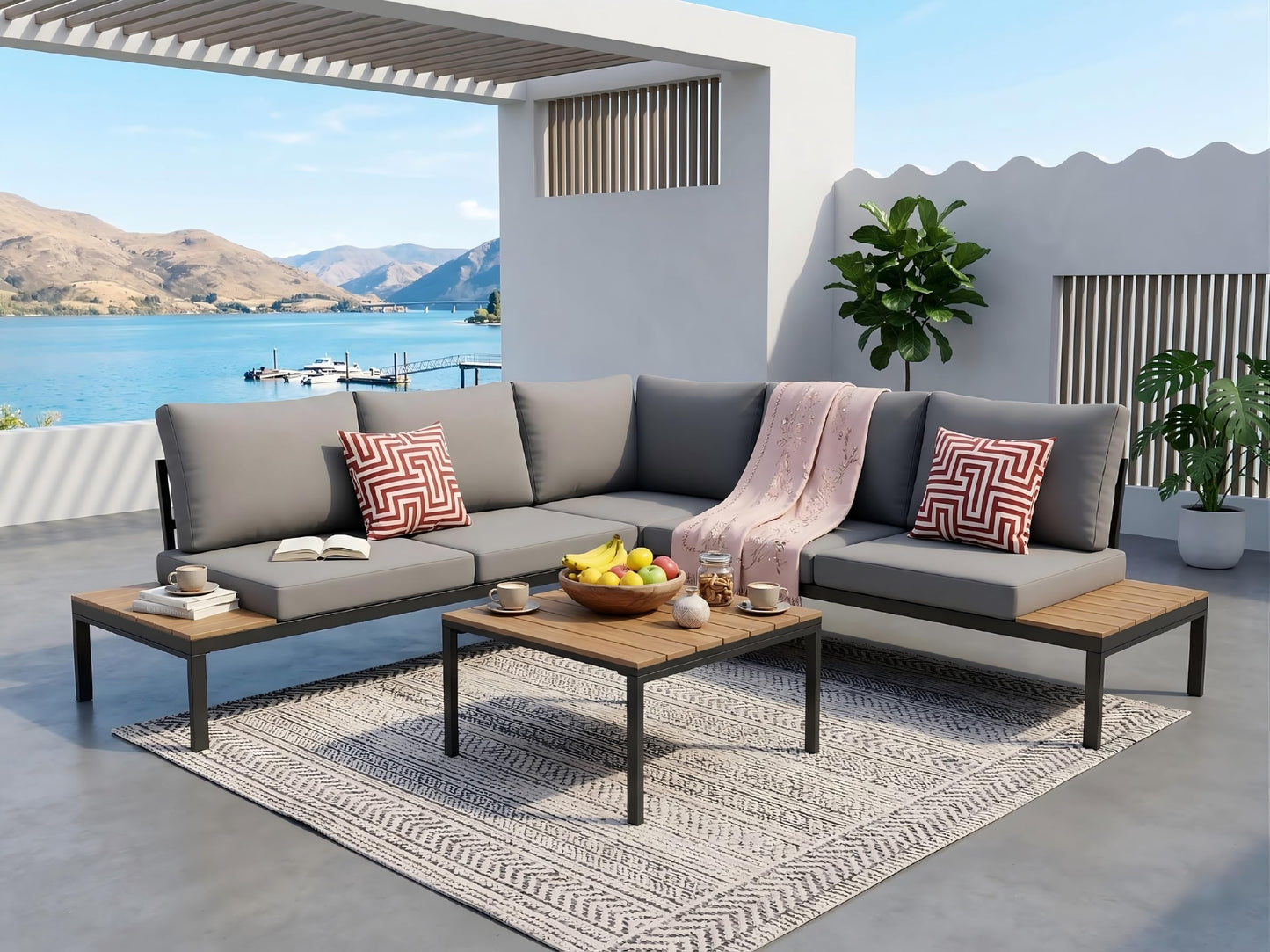 KEIKI 4-Piece L-Shaped Outdoor Patio Furniture Set, Rattan Patio Conversation Set with Coffee Table & 1 Corner Sofa & 2 Double Sofa, Wicker Curved Sectional Sofa Set, for Backyard, Light Gray