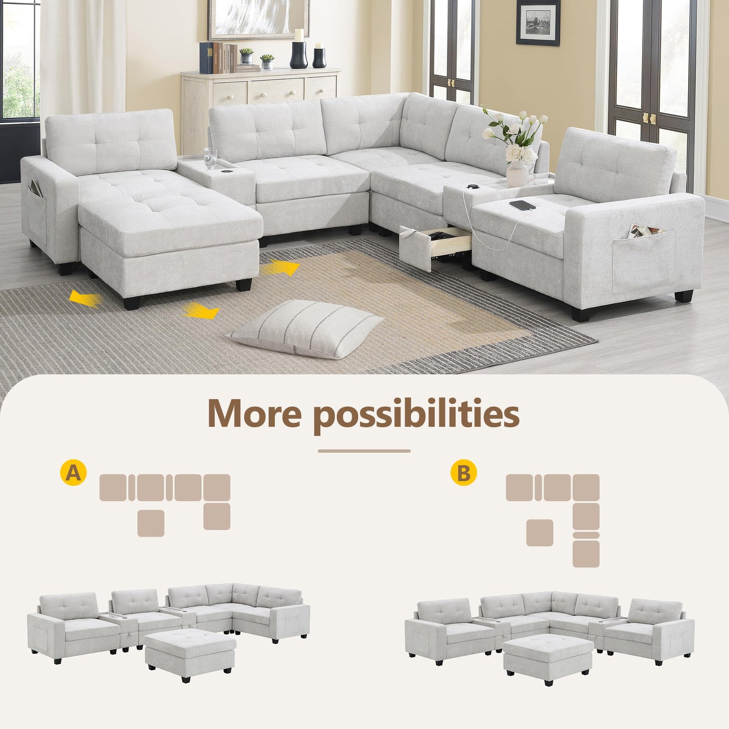 ERYE 104-Inch Oversized Tufted Corner Sectional Sofa 6 Seat Modular Convertible Sofa Couches W/Charging Station, Movable Ottoman, Storage Console,Drawers for Home/Apartment