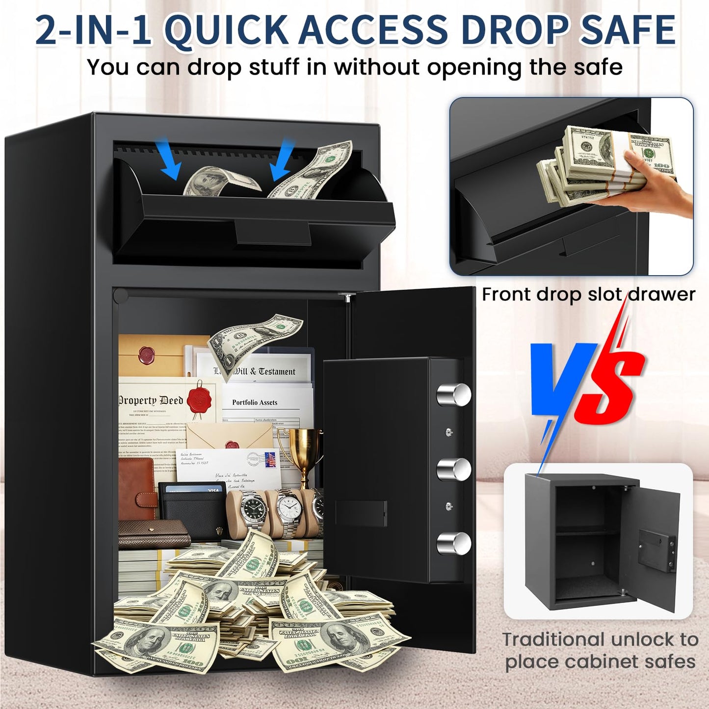 6.0 Cuft Extra Large Biometric Drop Safe for Business, Anti-Theft Fingerprint Safe Box with Quick Place Drop Slot, Digital Keypad and Spare Key, Depository Safe for Home Office Store Mail Church