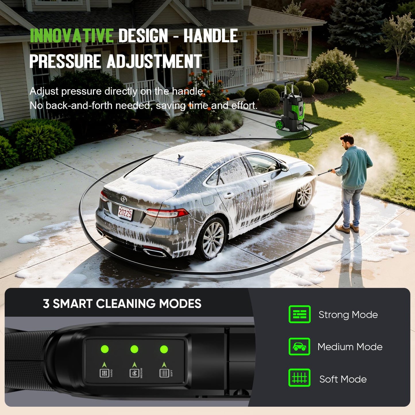 5000PSI Heavy Duty Pressure Washer, 3-Speed Adjustable Power Washer with 2-Stage Pull Rod, 4 Nozzles, Foam Cannon & 500ml Soap Bottle for Car, Home & Outdoor Cleaning,Green