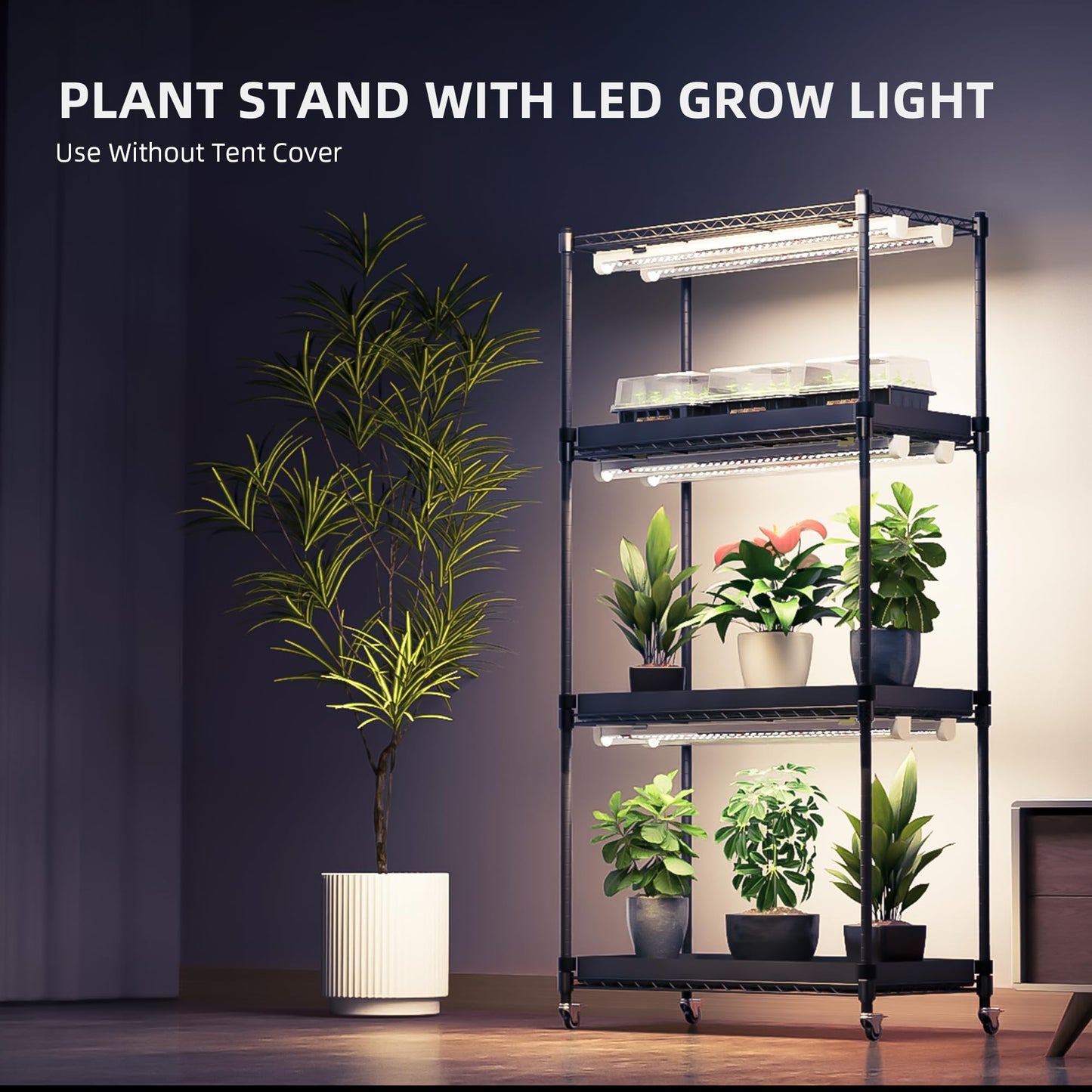 Spider Farmer 2026 Plant Stand with Grow Lights, 4-Tier Plant Shelf with 6Pcs 2ft Full Spectrum LED Lamp and Grow Tent, for Veg Seed Starting Plants Growth Greenhouse 28Lx14Dx59H (Update)