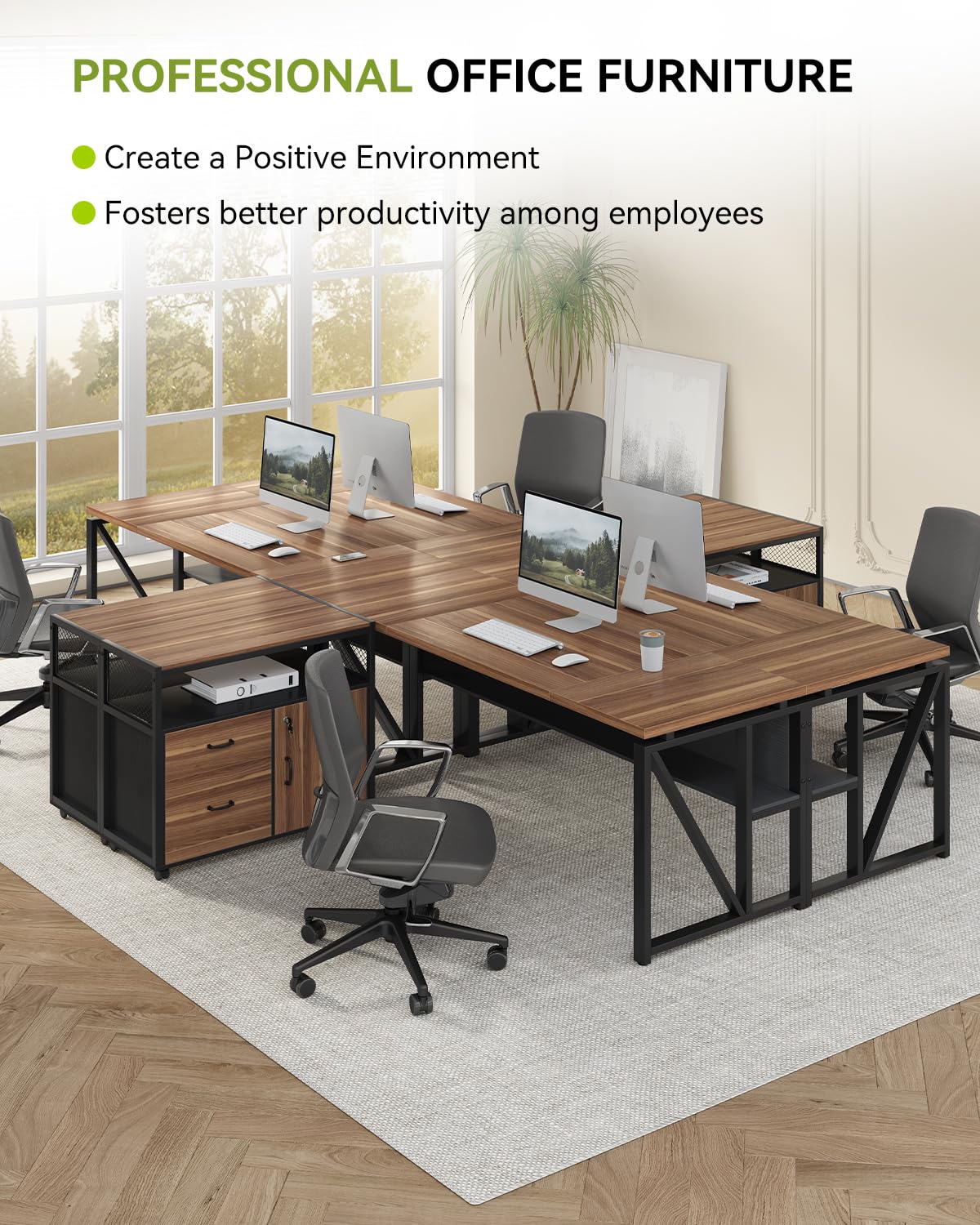 LITTLE TREE 63" L Shaped Executive Computer Desk and Drawer lateral File Cabinet, Dark Brown