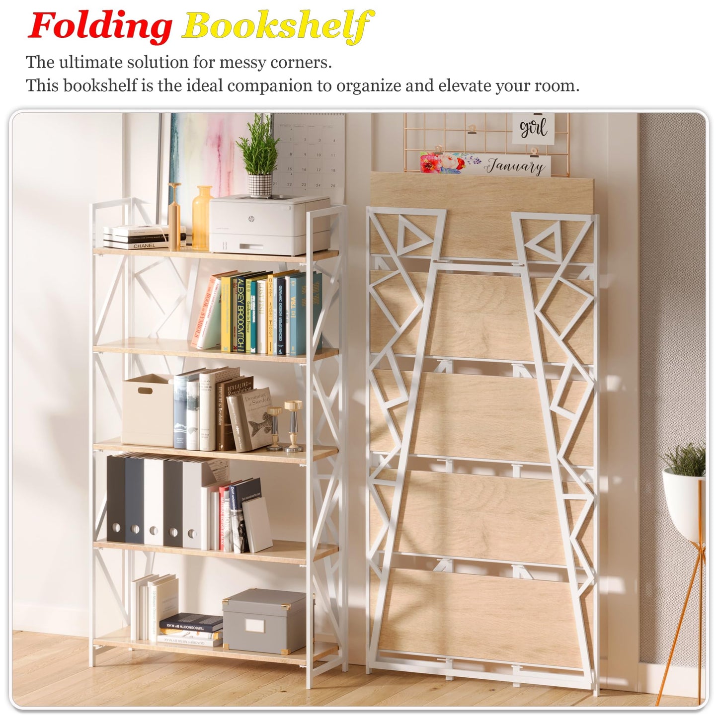 UDD No Assembly Wide Folding Bookshelf, 64.3" H x 30.9" W, 5 Tier Foldable Book Shelf Industrial Bookcase, Vintage Collapsible Storage Shelves for Home Office Living Room Bedroom, Light Oak White