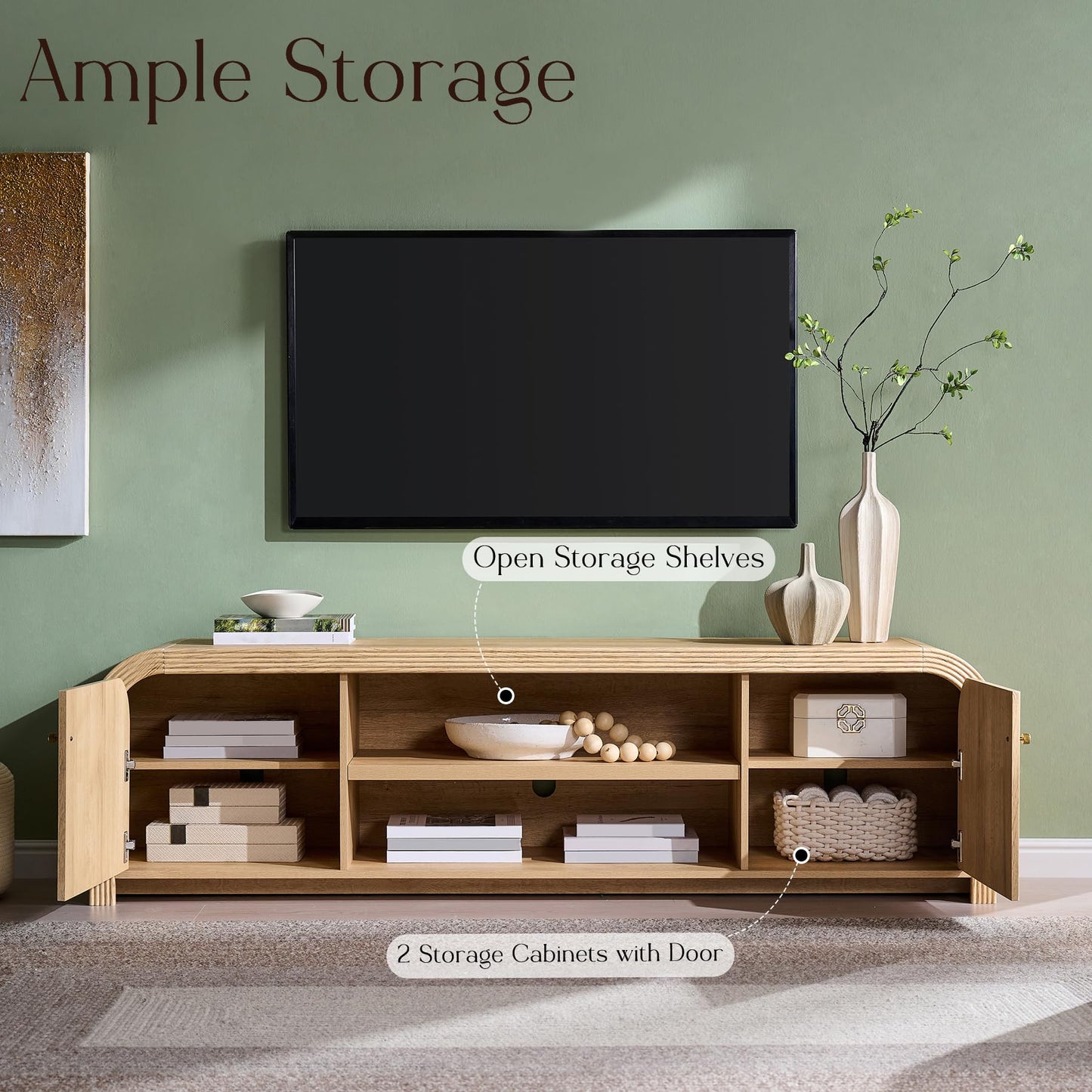 T4TREAM 70" Modern Fluted TV Stand with Storage, Natural Oak