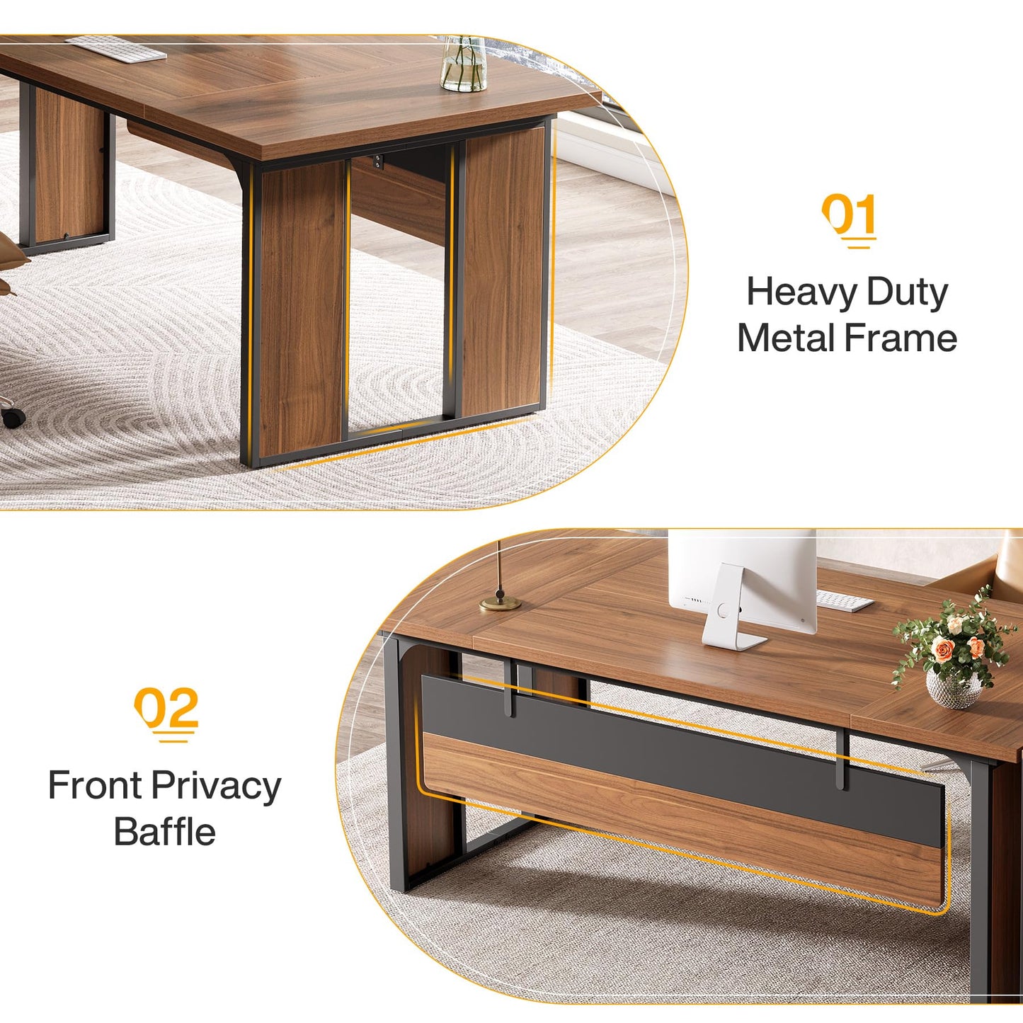 Tribesigns 63‘’ L-Shaped Executive Desk, Office Table with 39.37-Inch Drawers Cabinet, Large Computer Desk with Storage Shelves, Business Furniture Set for Home Office, Brown & Black