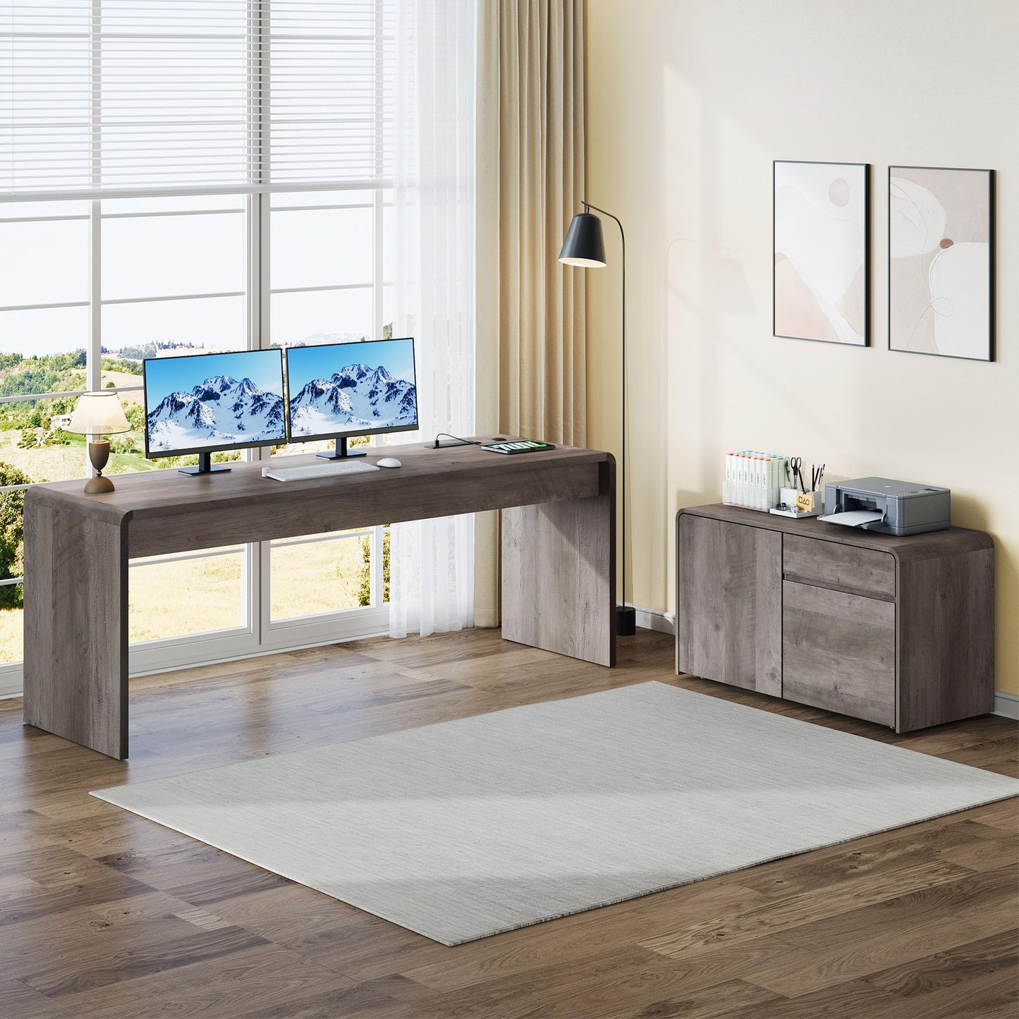 Homiflex Mid-Century Modern 78" L-Shaped Executive Desk with Independent Mobile File Cabinet, Large Home Office Desk with Drawers and 4 AC + 2 USB Power Outlets, Waterfall Edge Design, Grey Oak