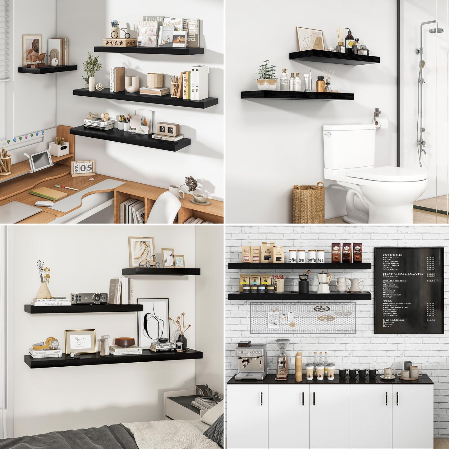 RICHFOCUS 72Inch Floating Shelves for Wall 2 Pack Shelves for Bedroom|Kitchen|Bathroom Wall Mounted Rustic Wood Floating Shelf with Invisible Brackets for Books|Storage|Decor, Black