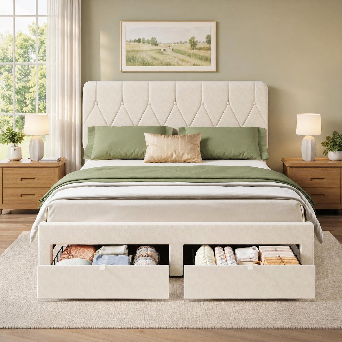 Garvee Full Bed Frame with 2 Storage Drawers, Velvet Upholstered Platform Full Size Bed Frame with Headboard, Wooden Slats Support, No Box Spring Needed, Easy Assembly, Beige