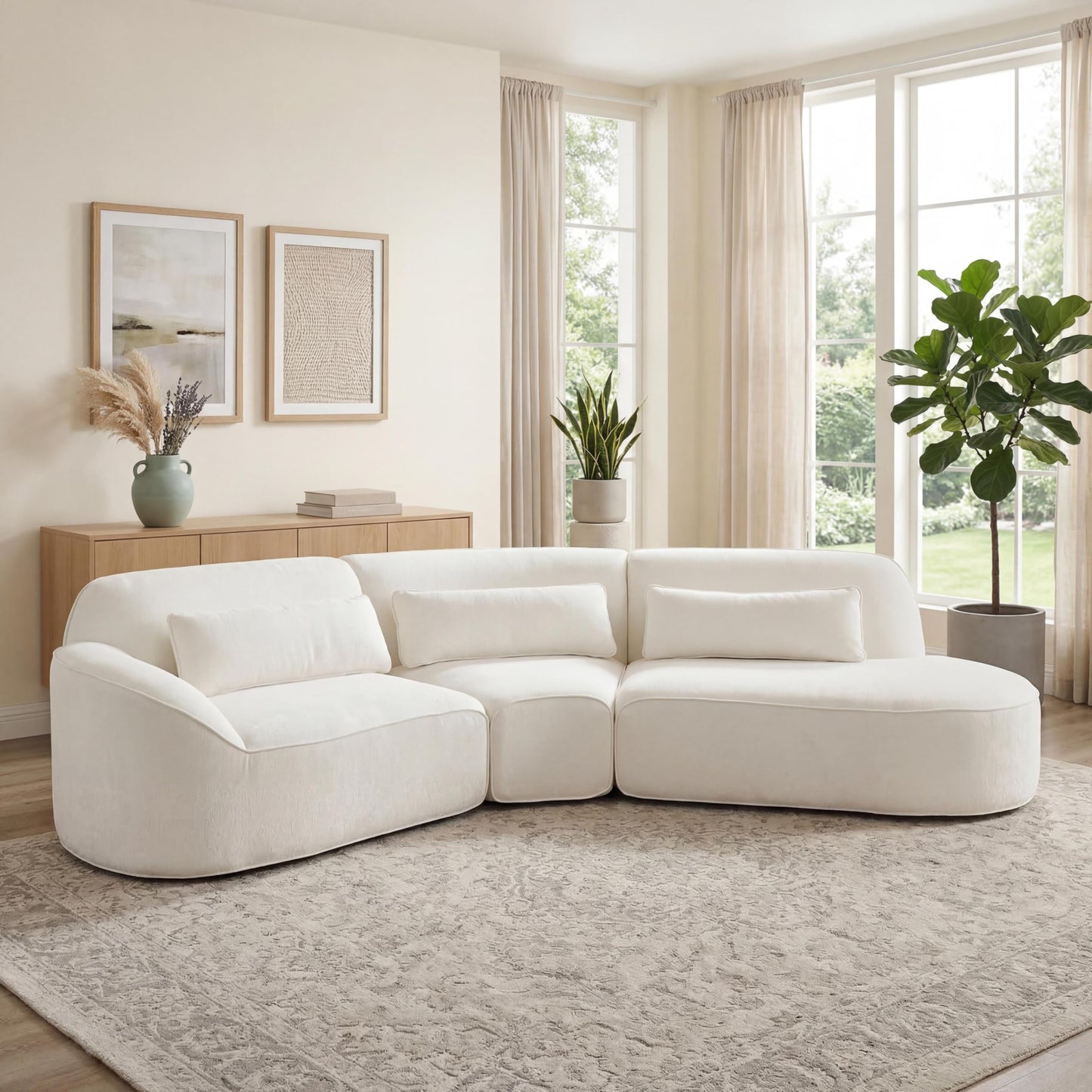 Merax 123.23" Curved Polyester Sectional Sofa Set, Modern Cloud Couch with Chaise Lounge & 3 Pillows & Right Hand Facing, High-Density Fully Compressed Sponge, Fully Assembled for Living Room, Beige
