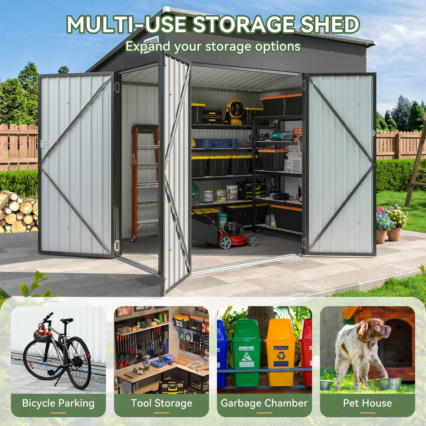 Aoxun 7'x4' 3-Lockable Door Metal Storage Shed, Metal Outdoor Garden Shed - Elevated Height & Sloped Roof Design for Bicycle, Tool, Snow Blower Storage (Black)