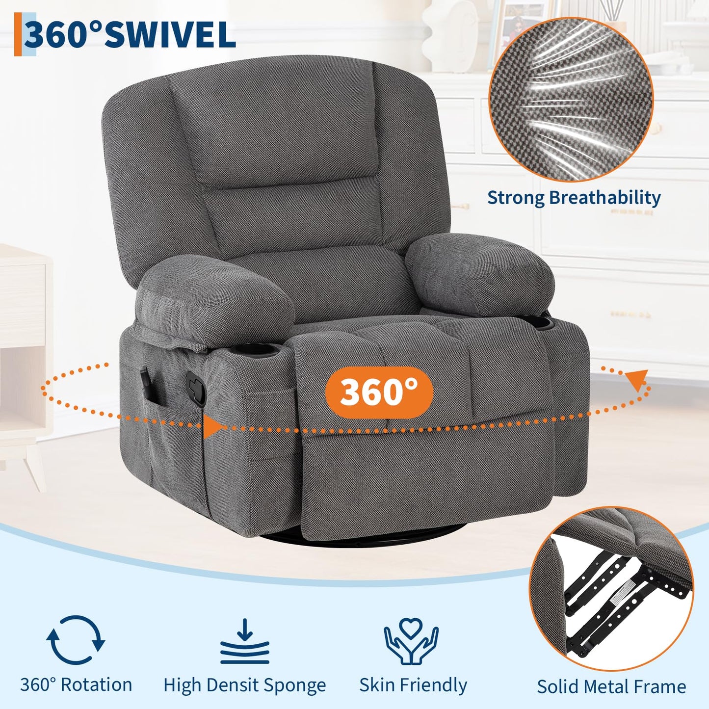 Massage Rocking Recliner Chair with Vibration and Heat, 360° Swivel Chenille Rocker Chairs for Living Room, Home Theater Seating with Cup Holders & Side Pocket for Adults, Living Room, Bedroom, Grey