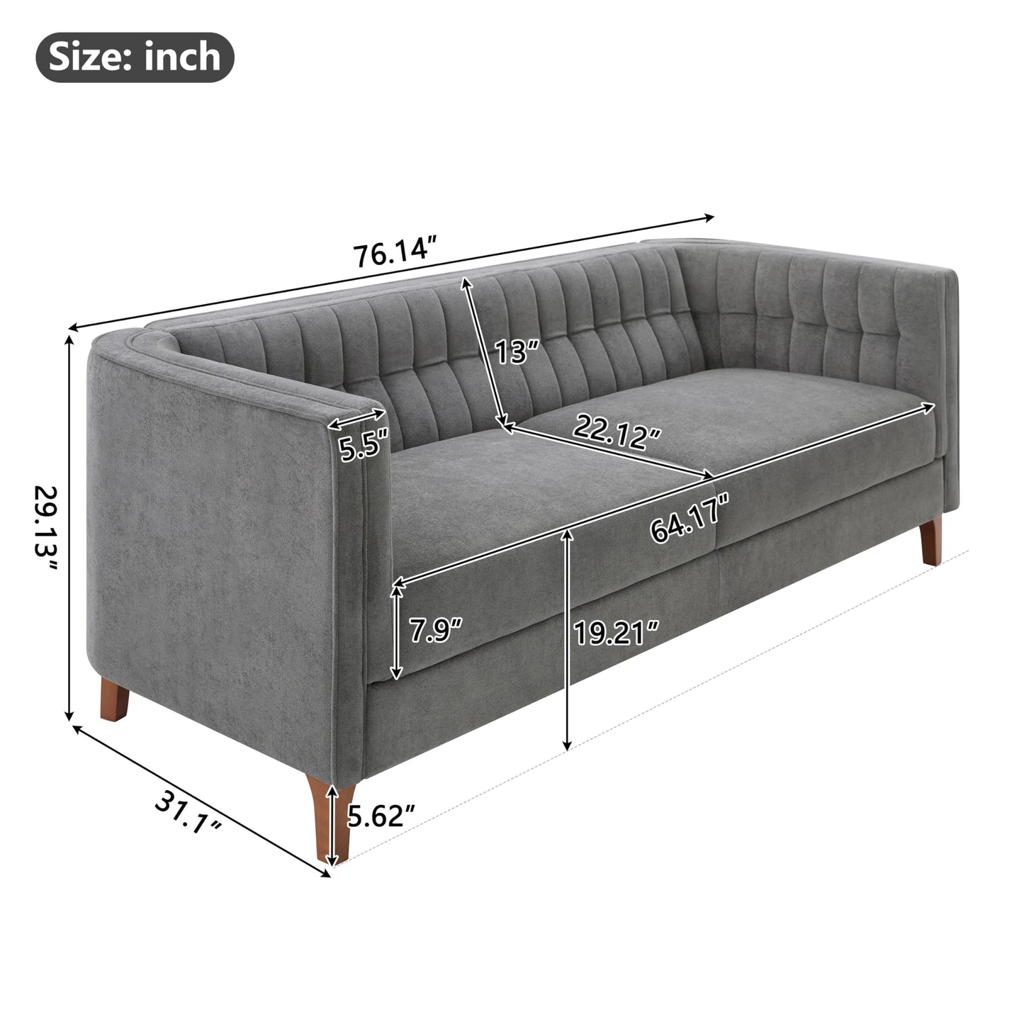 Merax Modern 76" 3-Seater Chenille Sofa with Channel Tufted Back, Curved Armrests, and Solid Birch Wood Legs – Plush Deep-Seat Couch for Living Room, Apartment, Grey