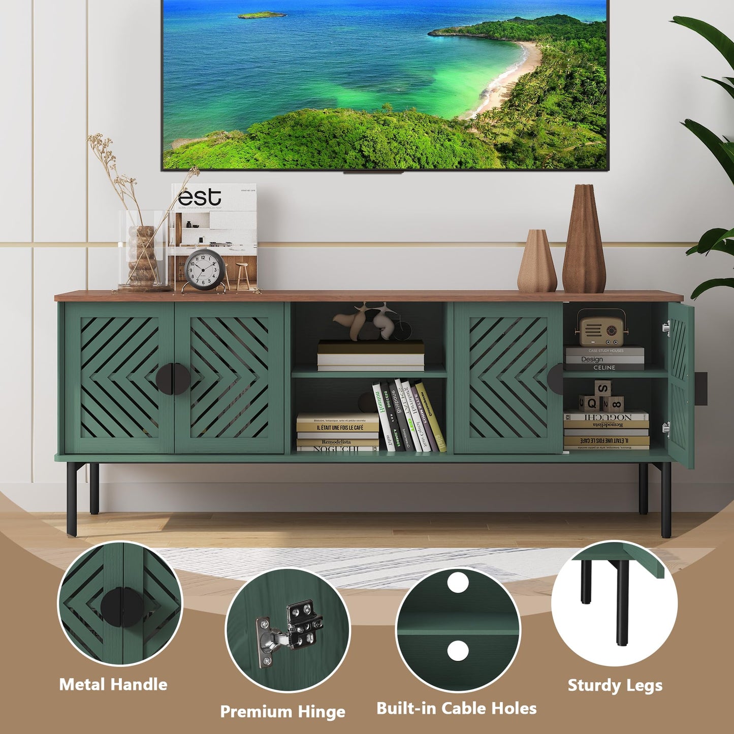 ARTPOWER 63" Modern TV Stands for Living Room, Long Entertainment Center with Storage, TV Console for 55 60 65 70 Inch TV, Bedroom TV Cabinet with Doors, Wood Media Console, Television Stand, Green