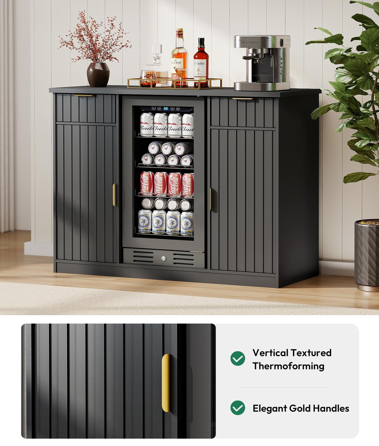 Lamtor Coffee Bar Cabinet with Storage - 53" Mini Fridge Cabinet with Power Outlet, Fluted Wine Bar with Drawer & Door Storage for Kitchen Dining Room, Black