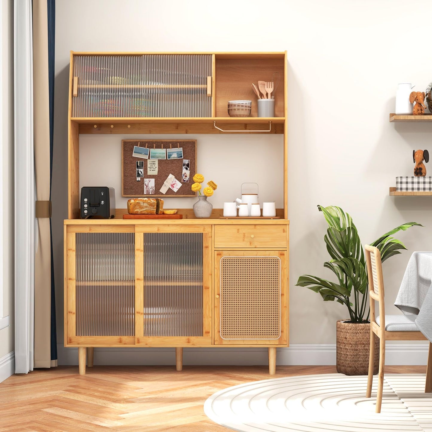 Giantex Pantry Cabinet, 69" Bamboo Hutch Cabinet with Storage, Drawer, Microwave Countertop, Glass Holder, Freestanding Buffet Sideboard with Rattan Door, Tall Cupboard for Kitchen Coffee Bar