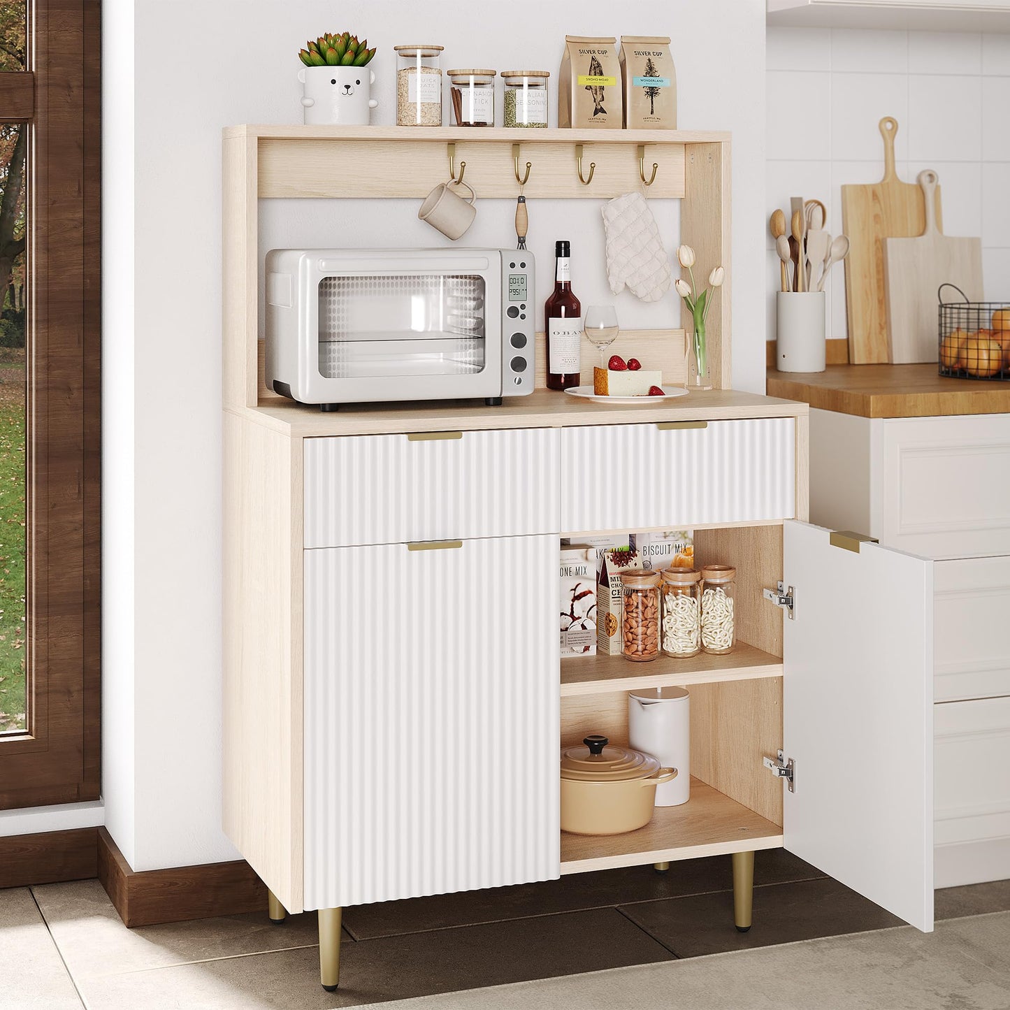 GarveeHome Fluted Sideboard Buffet Cabinet with Storage, Small Modern Coffee Bar Cabinet with Adjustable Shelves & 2 Drawers, Wood Buffet Console Table for Kitchen Dining Room Living Room