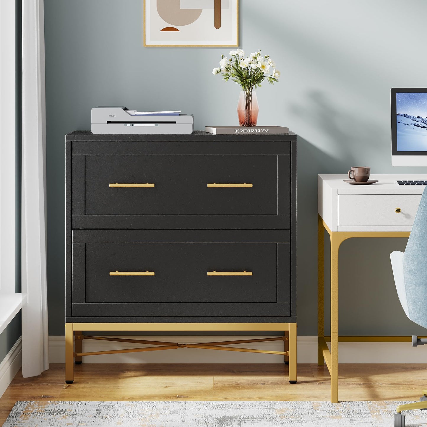 Tribesigns 2 Drawer File Cabinet, Modern Wood Lateral Filing Cabinet for Letter/Legal/A4 Size, Large File Storage Cabinets Printer Stand with Storage for Home Office, Black and Gold