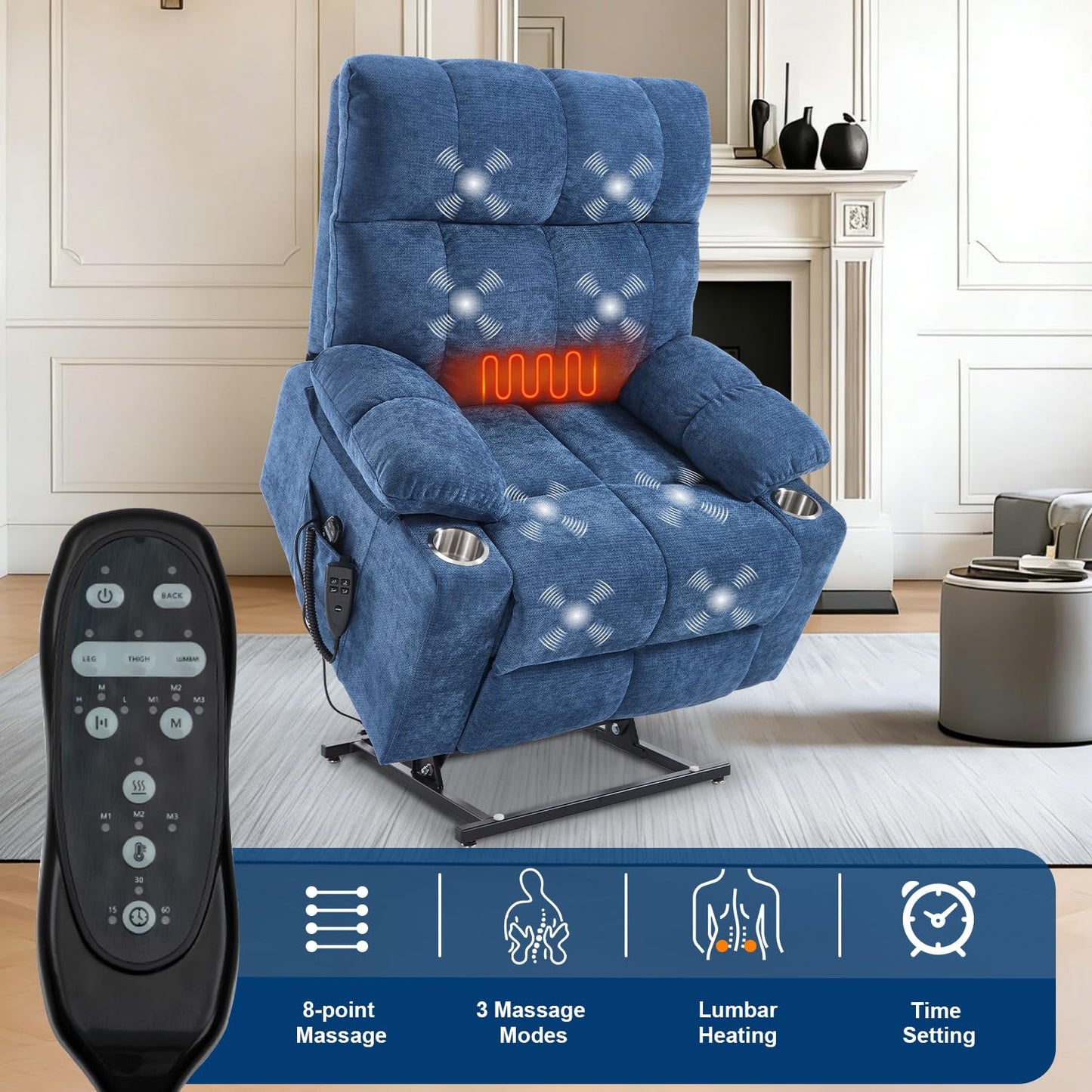 RHHVVR Oversized Recliner Electric Lift Chair, Power Lift Recliner for Big and Tall, 180° Lay-Flat and Assisted Standing, Extra Large Sofa with 8-Point Massage & Heating, Medium-Soft, Blue