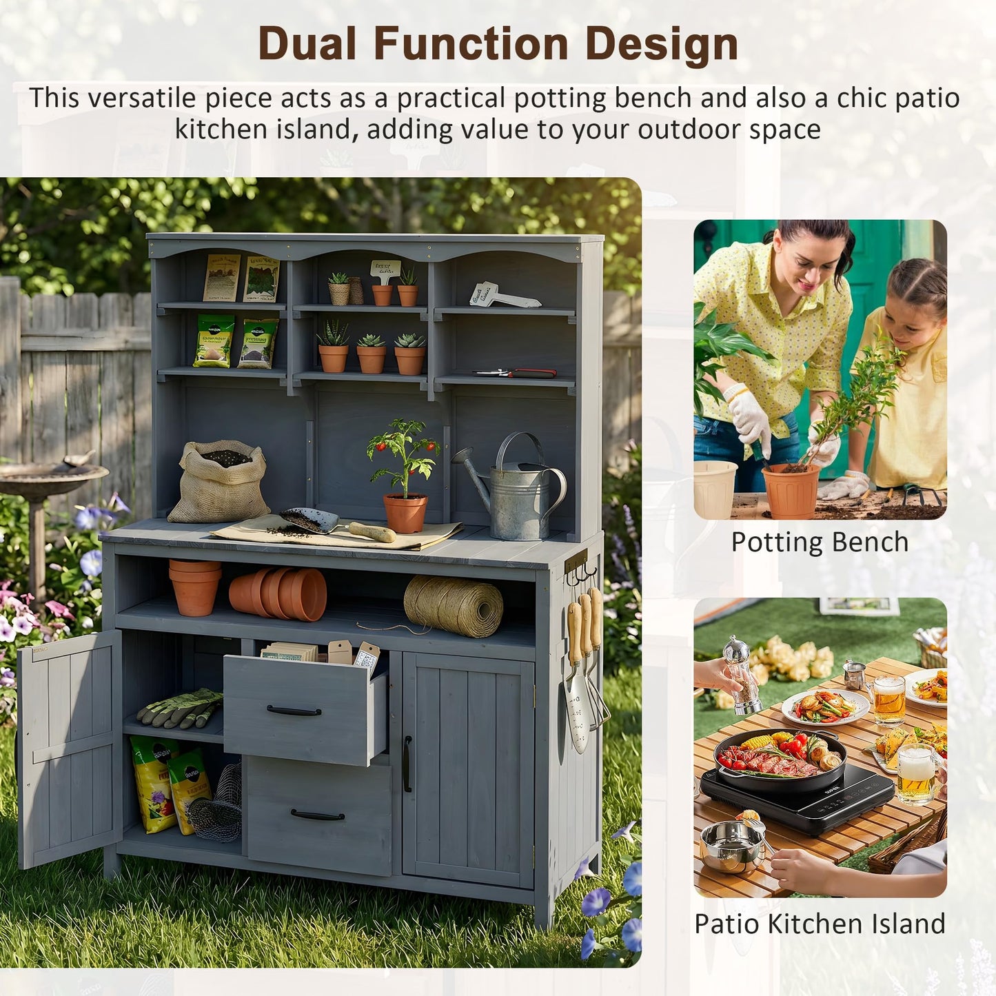 Merax 45.3" Large Outdoor Fir Wood Potting Bench with Storage, Multi-Functional Patio Kitchen Island with 6-Shelf Hutch+2 Cabinets+2 Drawers+3 Hooks, Garden Workstation for Planting, Gardening, Gray