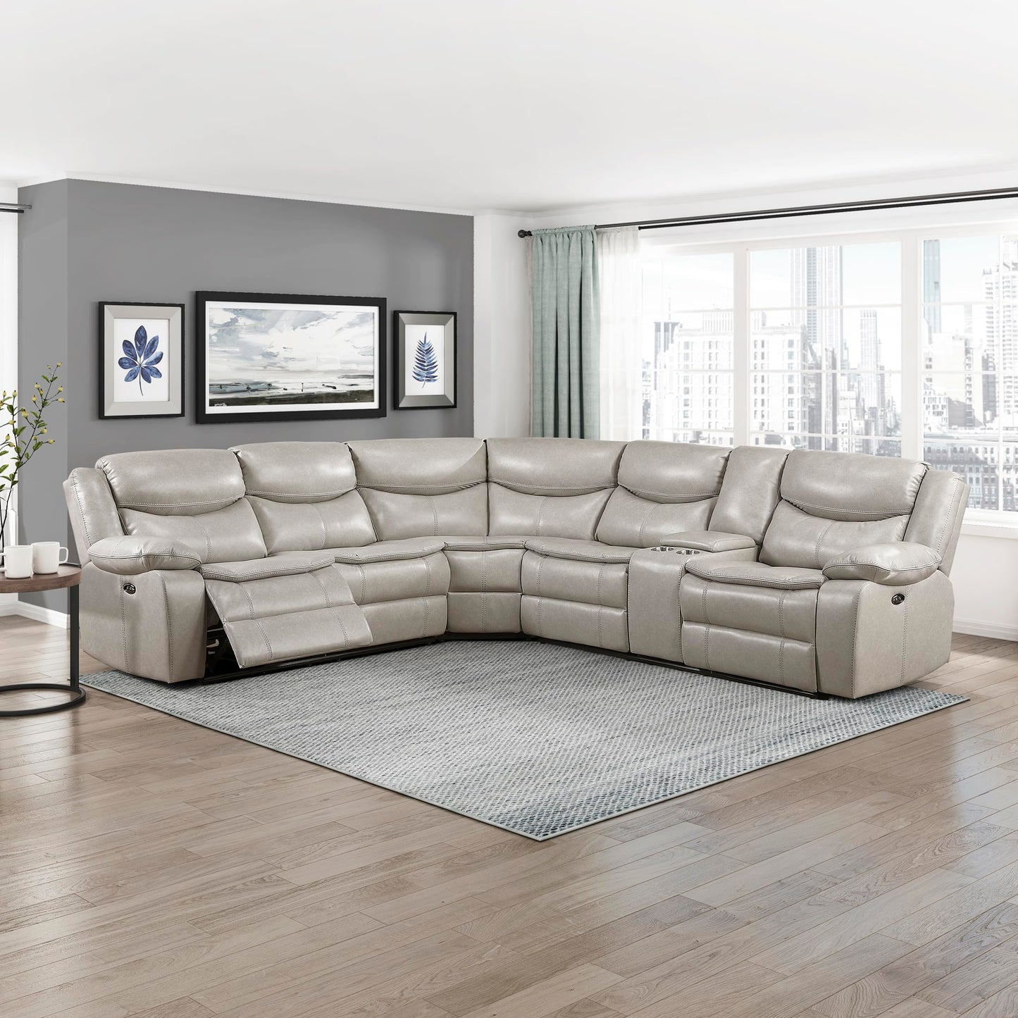 Lexicon L-Shaped Power Reclining Sectional Couch, Faux Leather Reclining Sectional Sofa, 3 Recliners, Wall Hugger, Right Storage Console, Cup Holders, Receptacles, Charging Ports, Silver Gray