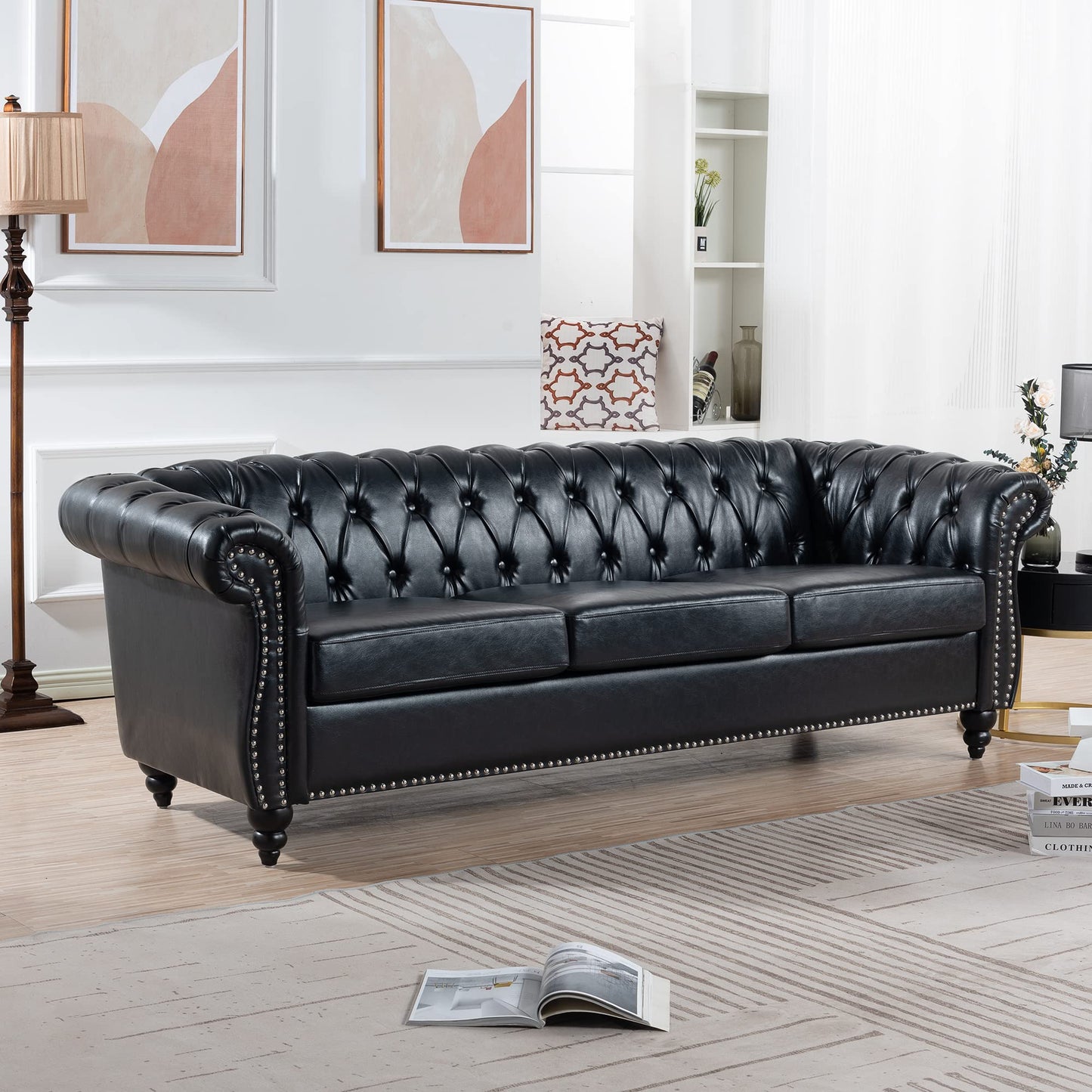 Ball & Cast 84" Chesterfield Leather Sofa with Channel Tufted Seat Back,Classic 3 Seater Couch w/Roll Arm Nailhead Trim and Upholstered,Mid Century Furniture for Living Room,Bedroom,Office,Black PU