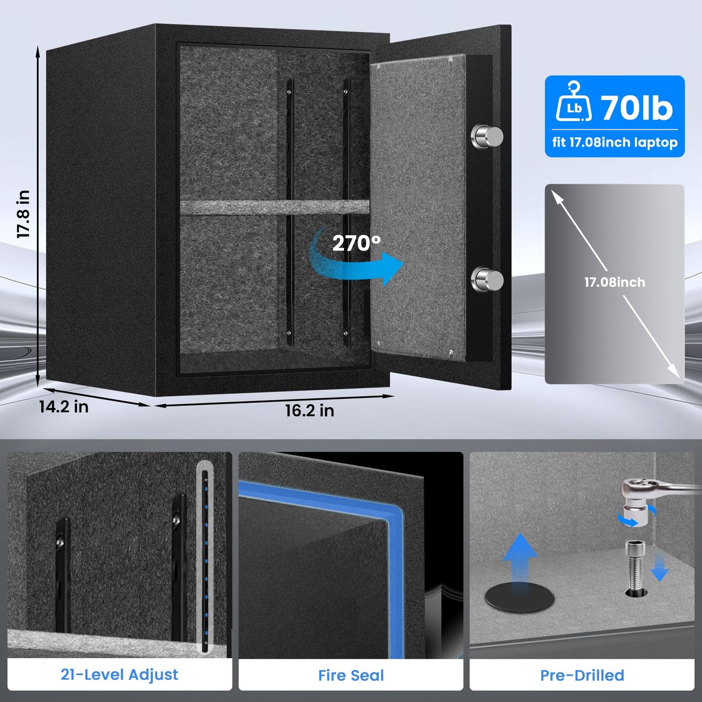 RETLLAS 4.5 CuFt Heavy Duty Fireproof Biometric Home Safe Fingerprint and PIN Lock, Reinforced Steel, Dual Anti-Pry Bolts, Backlit LCD, Heat-Sealing Gasket and USB-C Power for Documents & Electronics