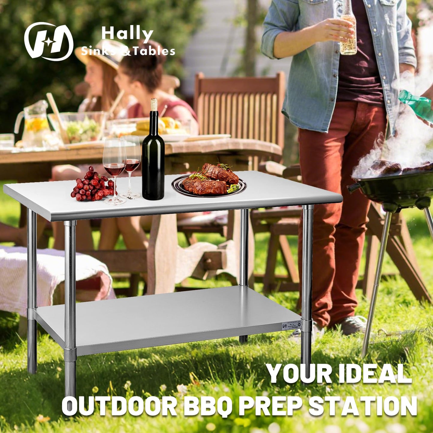 Hally Stainless Steel Table for Prep & Work 24 x 48 Inches, NSF Commercial Heavy Duty Table with Undershelf and Galvanized Legs for Restaurant, Home and Hotel