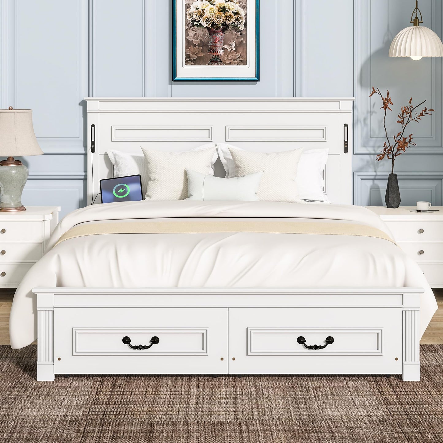 KEIKI Queen Size Farmhouse Bed Frame with 2 Storage Drawers & LED Lights & USB-C Charging Ports, Solid Wood Platform Bed with Tall Panel Headboard & Footboard, No Box Spring Needed, White