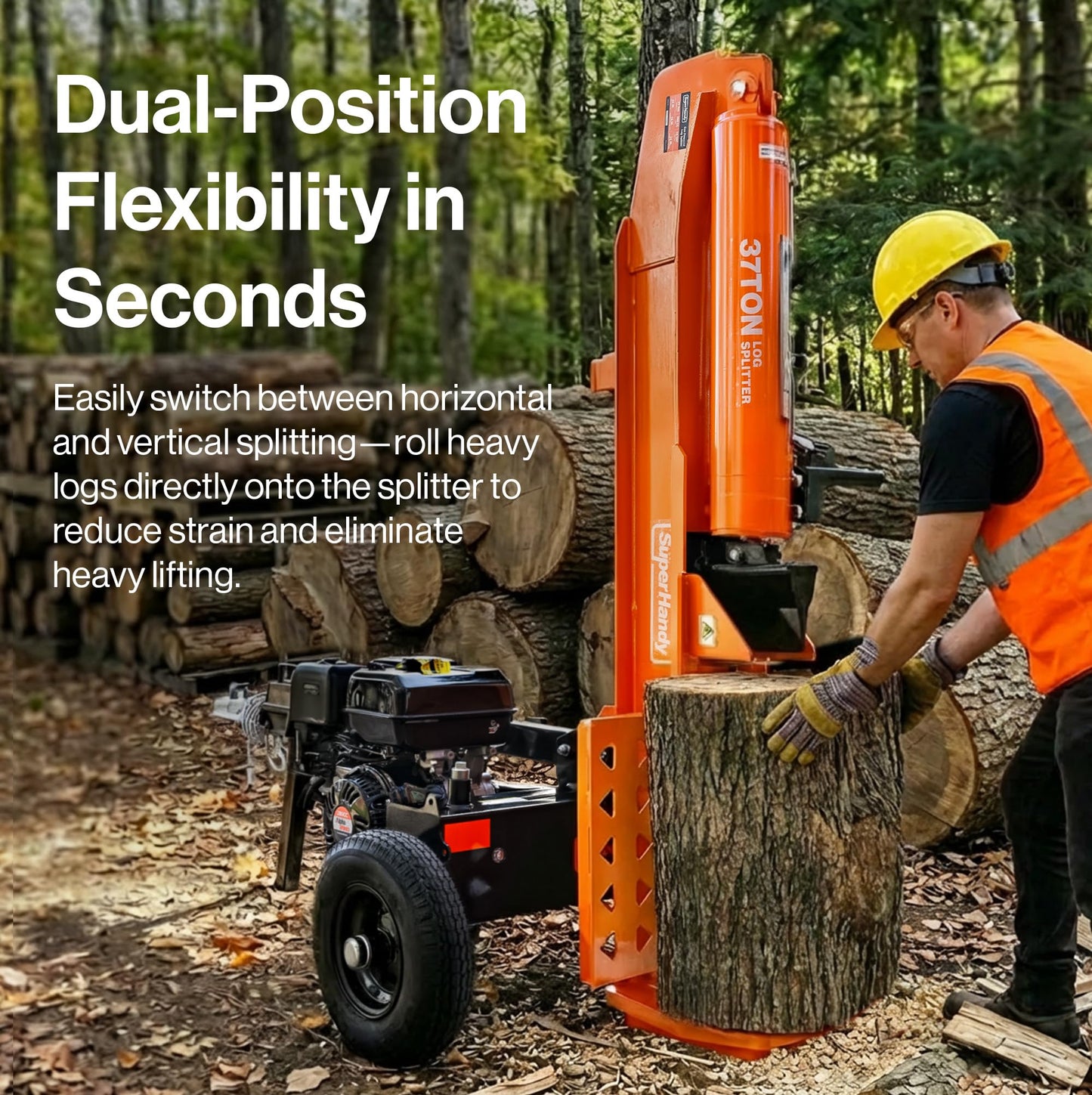 Superhandy 37 Ton 389 cc Gas Powered Full Beam Log Splitter w/Vertical/Horizontal Operation and Auto Return Valve, Towable with 2'' Ball Coupler