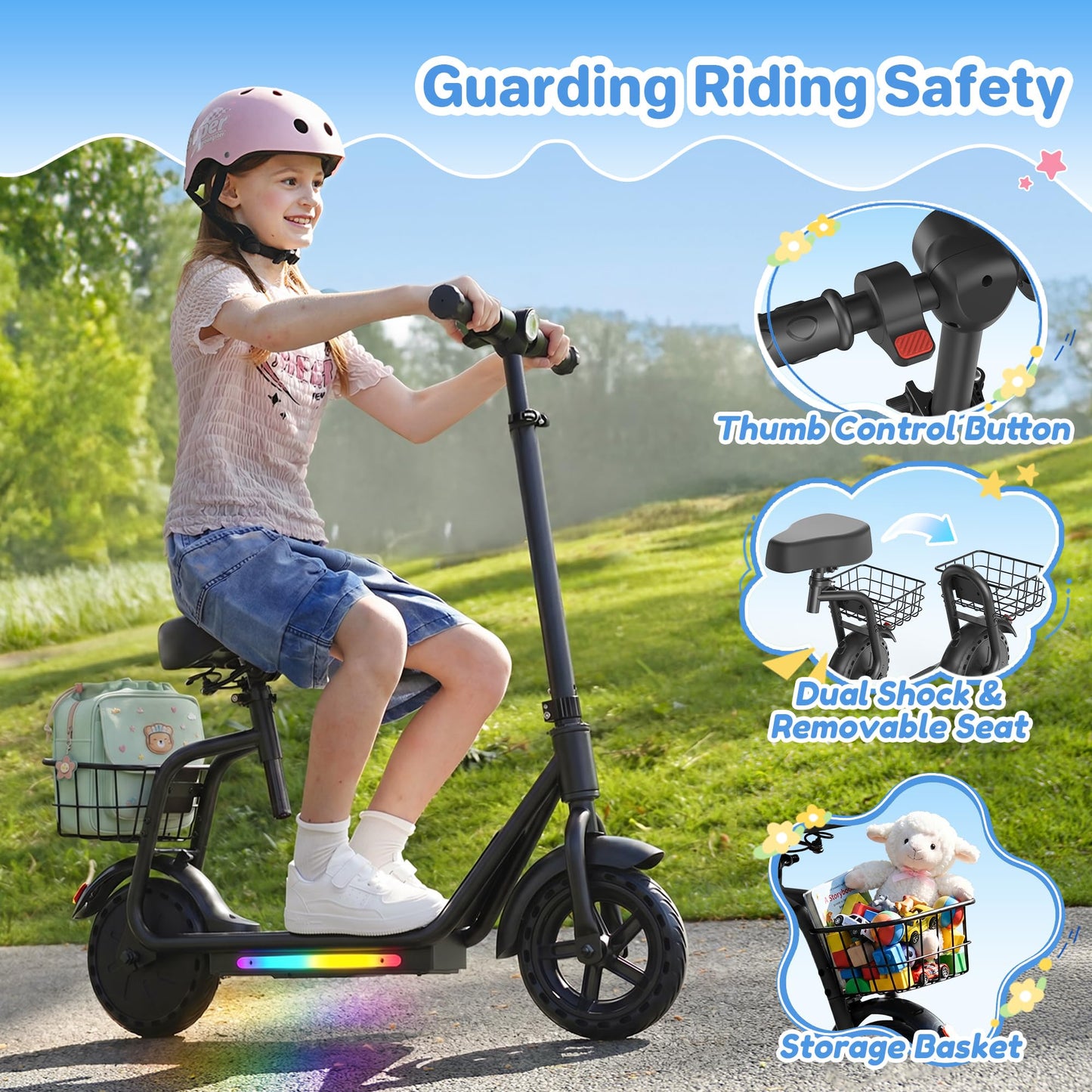 iScooter 2-in-1 Kids Electric Scooter ik7,Up to 12mph&10Miles Range，250W Motor, Headlight & Brake Taillight, Removable Seat&Basket, Smart App Parental Control,Electric Scooter for Kids Ages 10-14