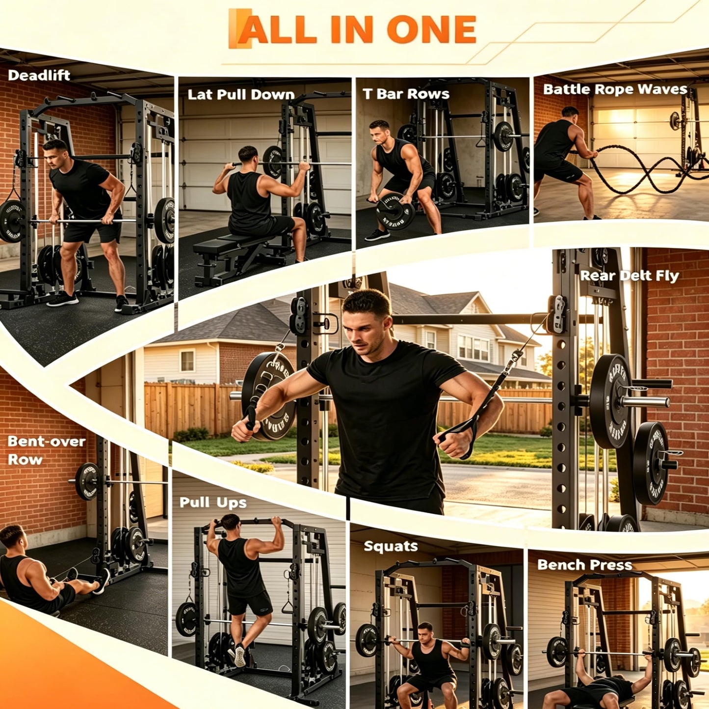 Smith Machine All-in-1 Home Gym, 2000 LBS Capacity Power Cage with Dual Independent Pulley System, 360° Landmine, Pull-Up Bar & Weight Storage – Heavy Duty Full Body Workout Station for Home & Garage