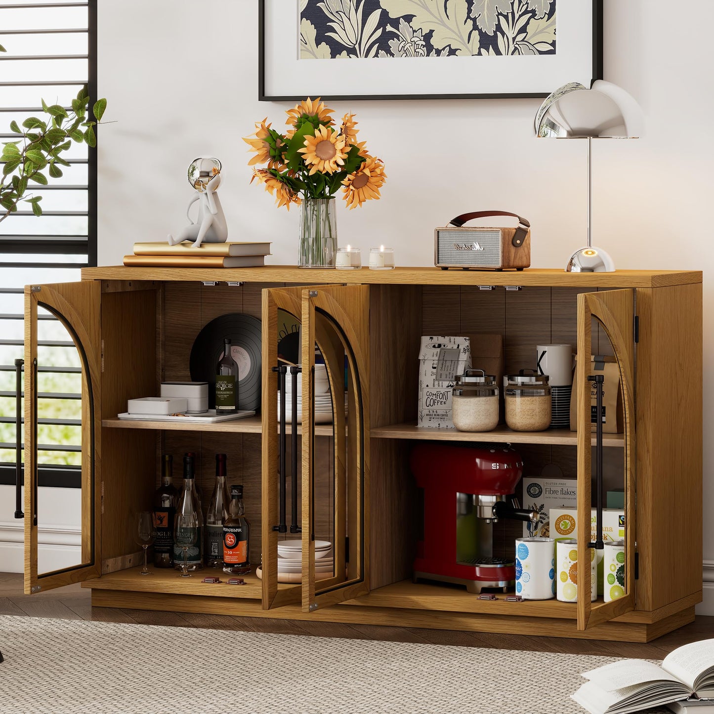 Merax Wood Farmhouse Buffet Sideboard with Adjustable Shelves and 4 Doors Glass Coffee Bar Cabinet TV Stand for Living Room Bedroom Kitchen Natural Wood