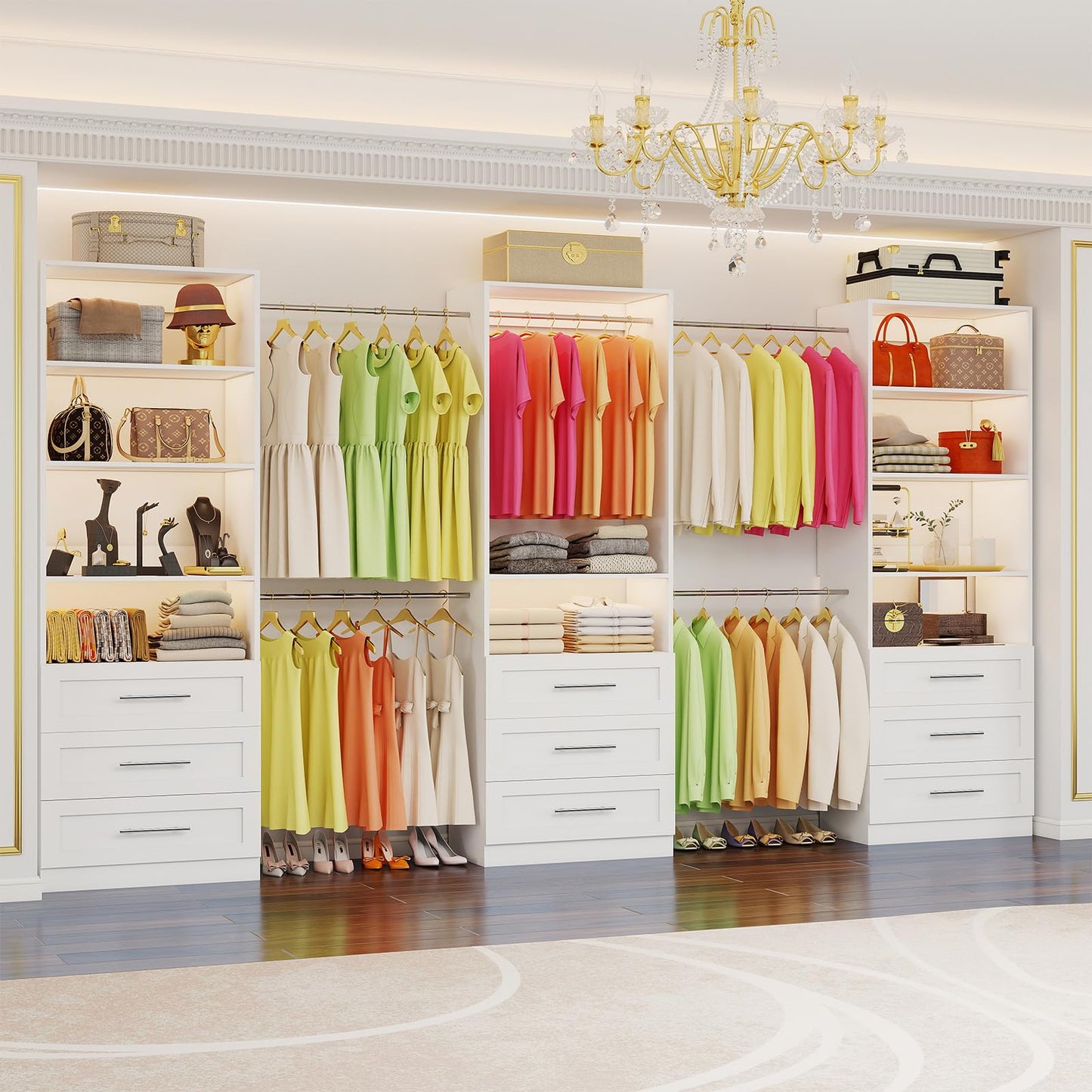 Closet System with 3 Sets, 6–20 FT Closet System with 9 Drawers, 9 Shelves & 7 Adjustable Hanging Rods, Max 244.3" Closet Organizer Systems for Walk-in Closets, Modular Custom Closet Tower, White