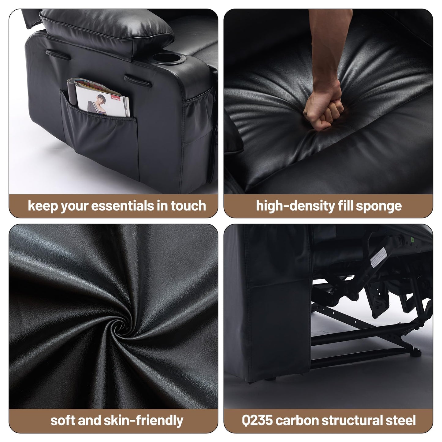 Garvee PU Leather Manual Recliner Chair with Massage and Heat, 27" Extra Wide Seat, 400 lbs Capacity, Thickened Sponge Armrests and Back, Cup Holders & Side Pocket, Living Room or Bedroom, Black