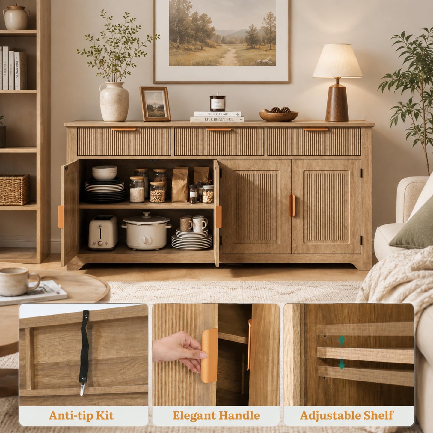 DWVO 59" Fluted Buffet Cabinet with Storage Natural Oak