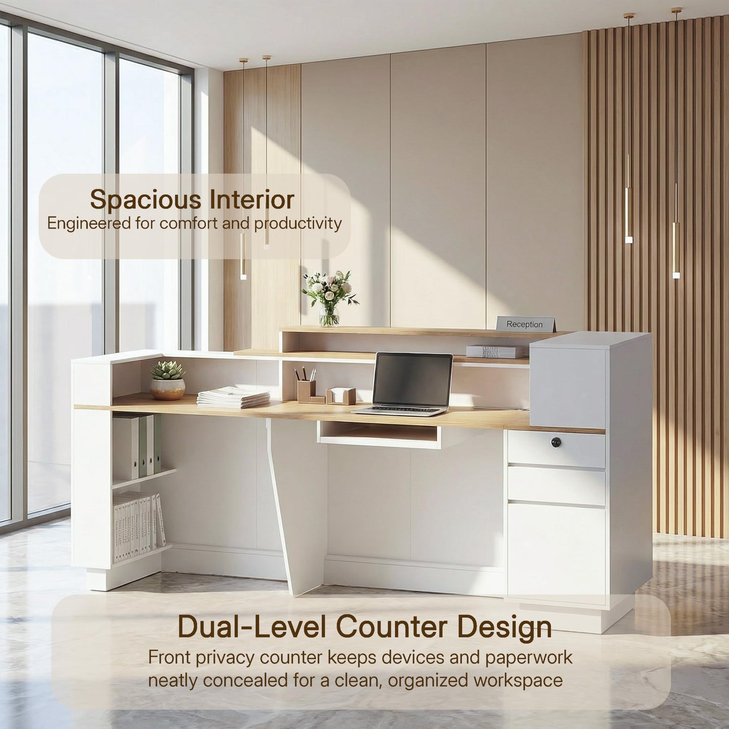 NOWIHOP Modern Reception Desk with LED Lights & Counter, 63" Front Desk with Built-in Outlets, White Checkout Counter with Lockable Drawers and Storage Shelves for Office, Salon, Retail and Lobby