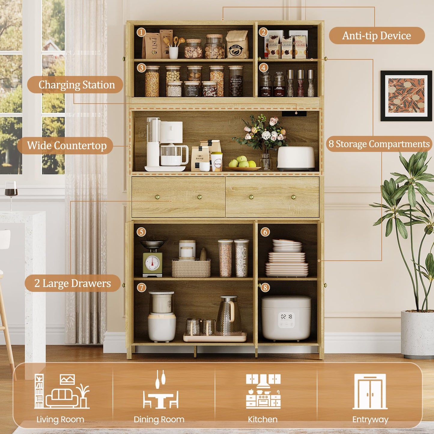 GarveeHome 71" Tall Kitchen Pantry Cabinet with Charing Station, Kitchen Pantry Storage Cabinet with Countertop, Modern Kitchens Hutch Cabinets with Storage for Living Room Dining Room, Natural