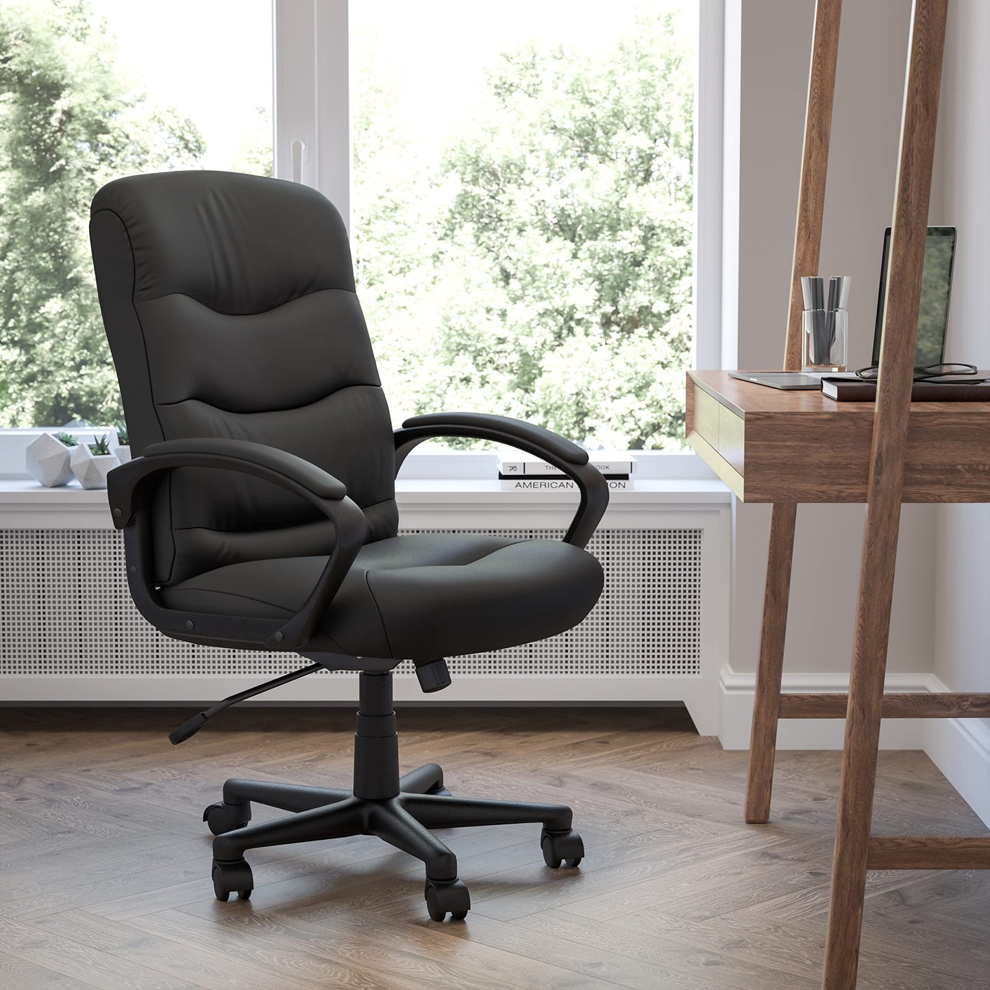 Flash Furniture Chelsea Mid-Back Black LeatherSoft Executive Swivel Office Chair with Three Line Horizontal Stitch Back and Arms